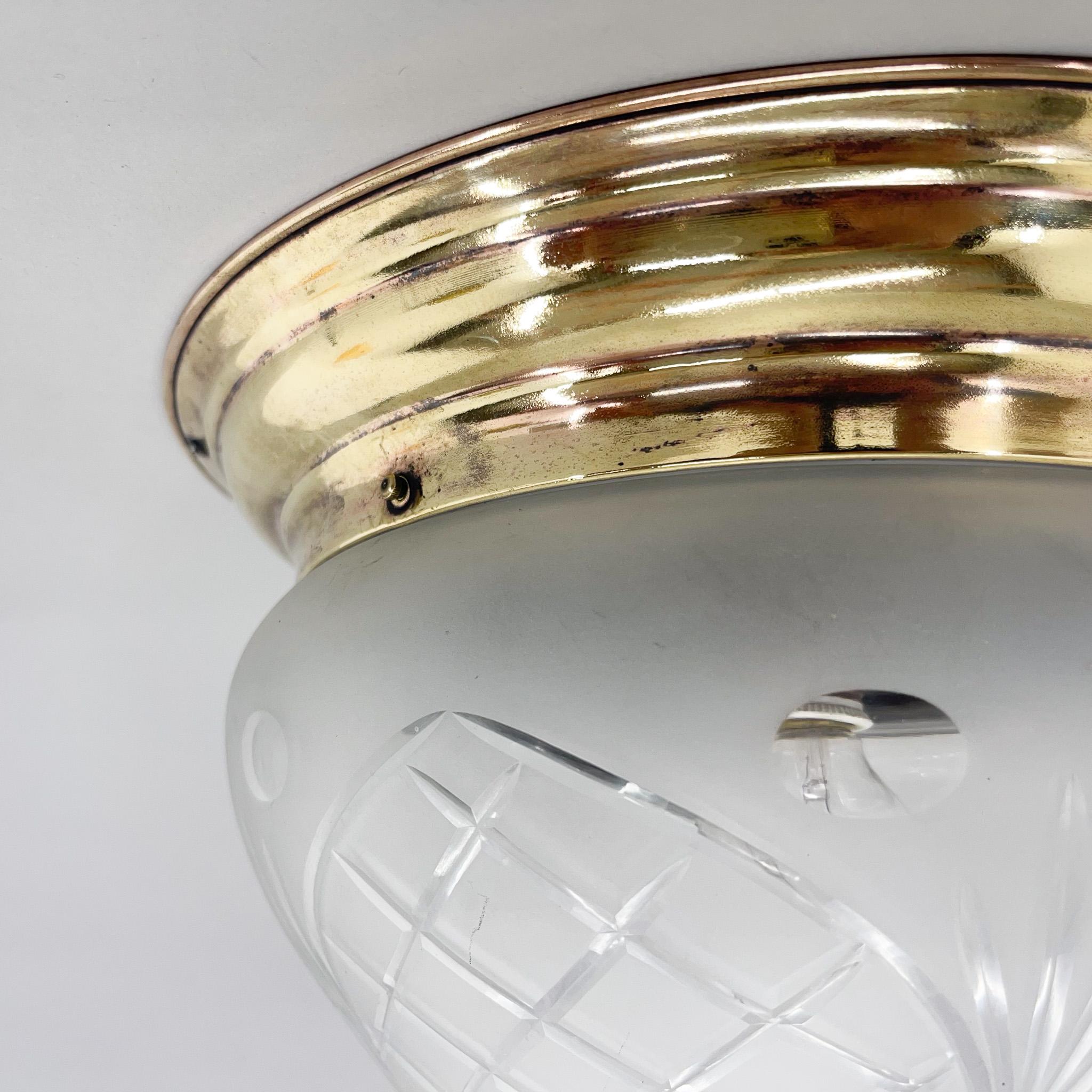 Art Deco Brass & Cut Glass Flush Mount, Czechoslovakia For Sale 1