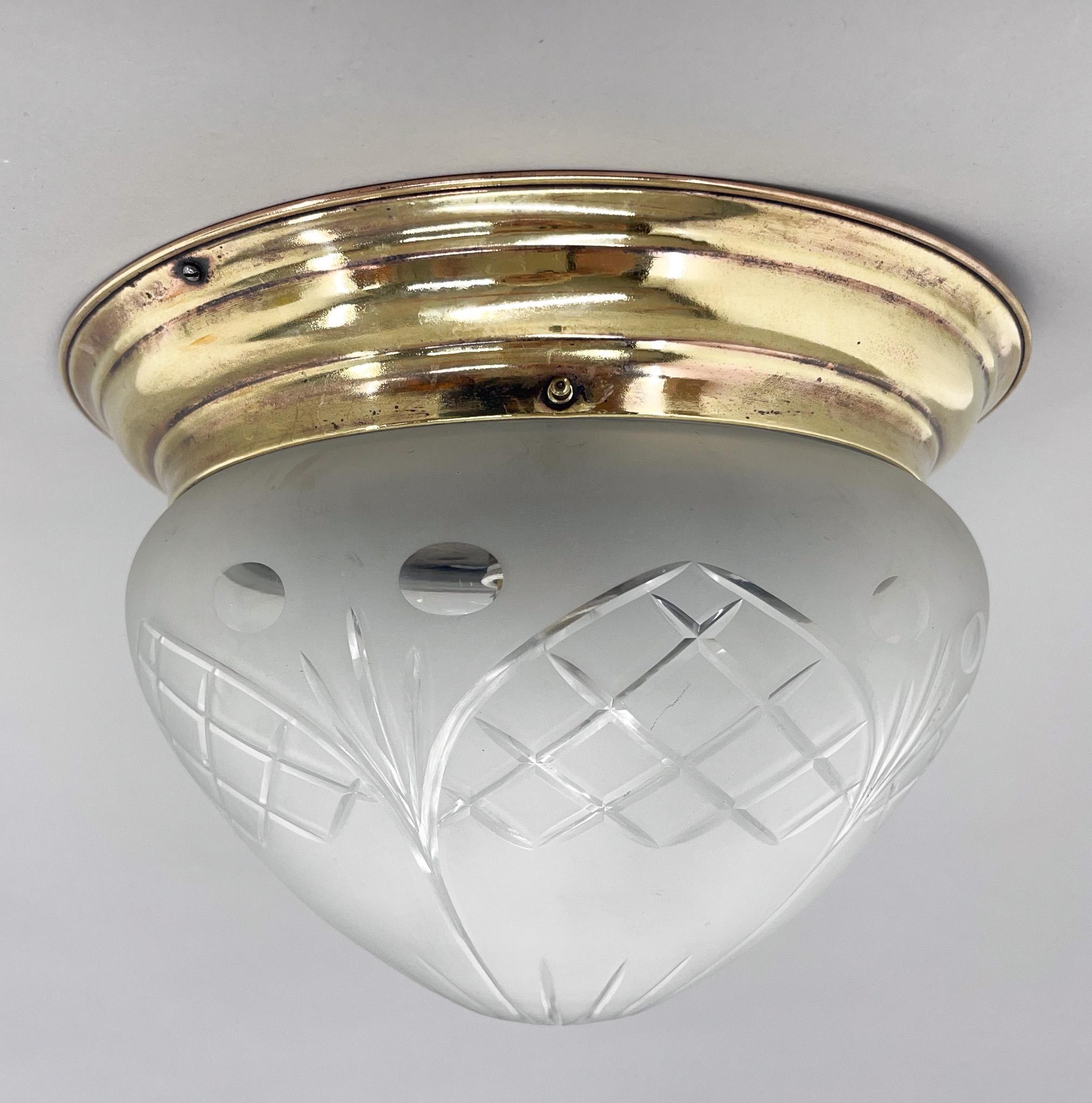 Art Deco Brass & Cut Glass Flush Mount, Czechoslovakia For Sale 3