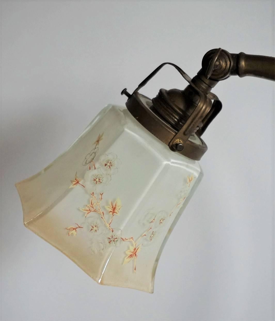 French Art Deco Brass Desk or Table Lamp with Hand-Painted Glass Shade