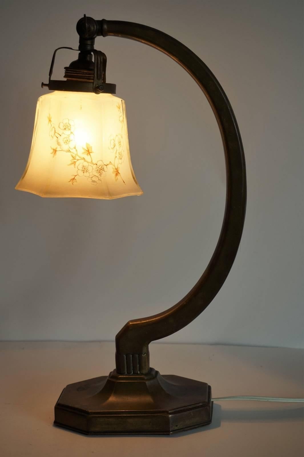 Art Deco Brass Desk or Table Lamp with Hand-Painted Glass Shade 1