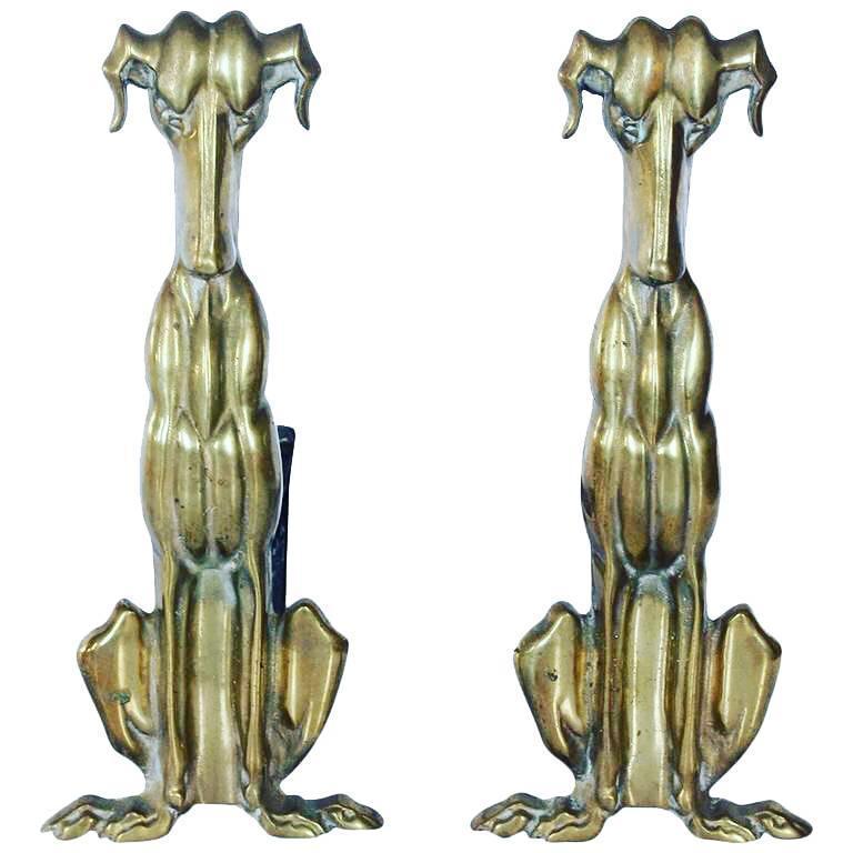 American Art Deco Brass Dog Andirons For Sale