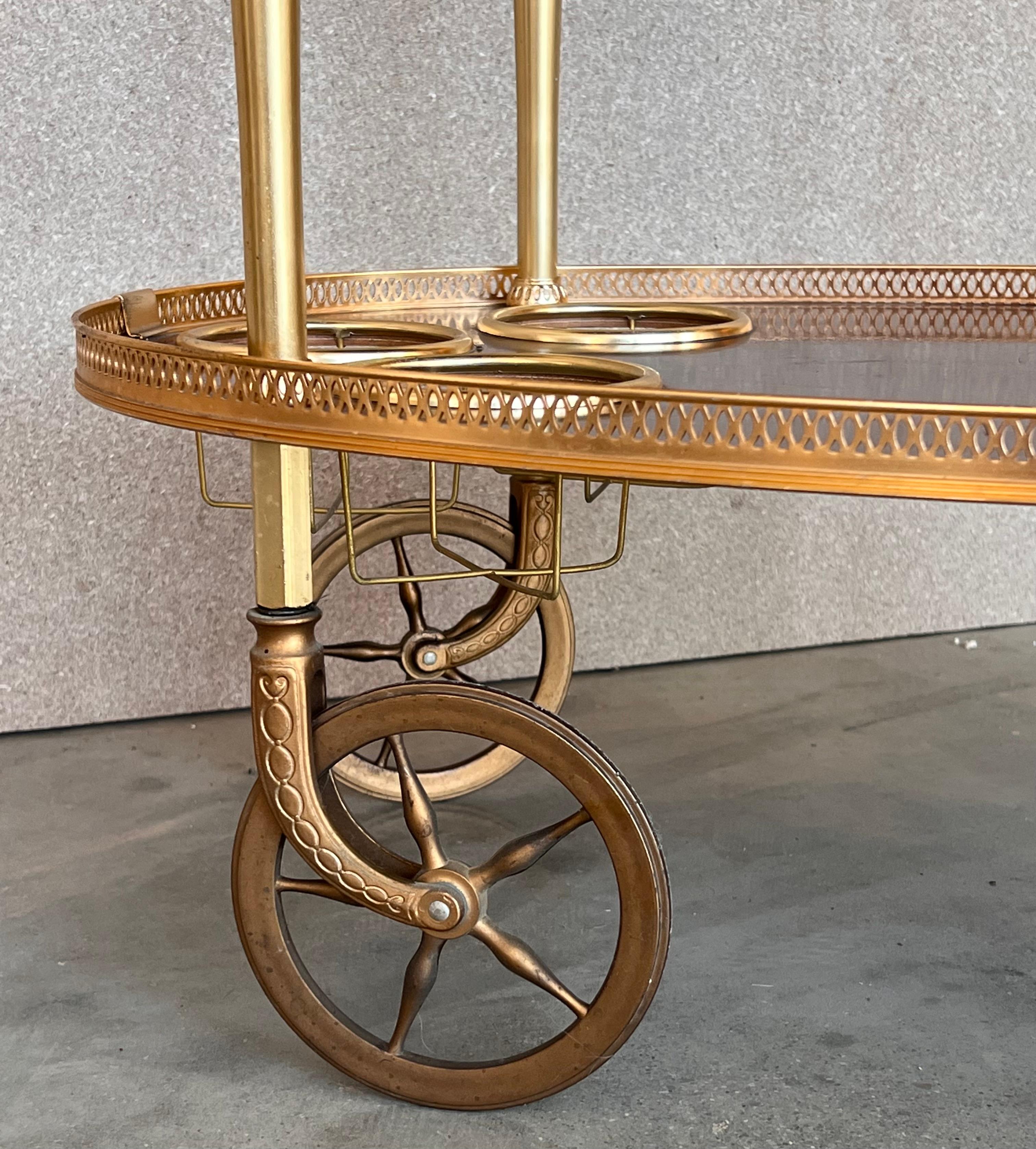 Art Deco Brass Dry Bar Cart with Smoked Two Tier Glass 2