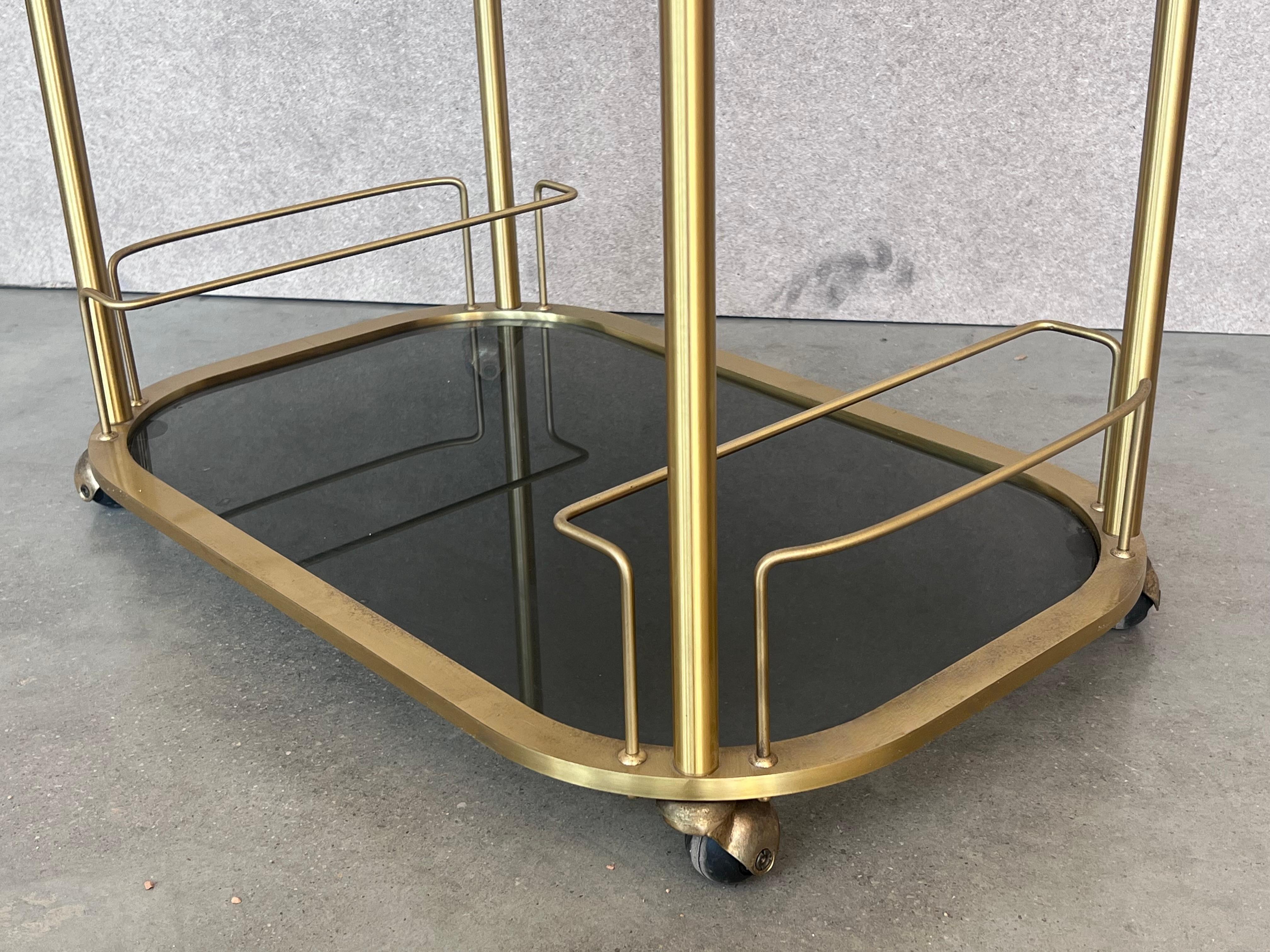 Art Deco Brass Dry Bar Cart with Smoked Two Tier Glass For Sale 5
