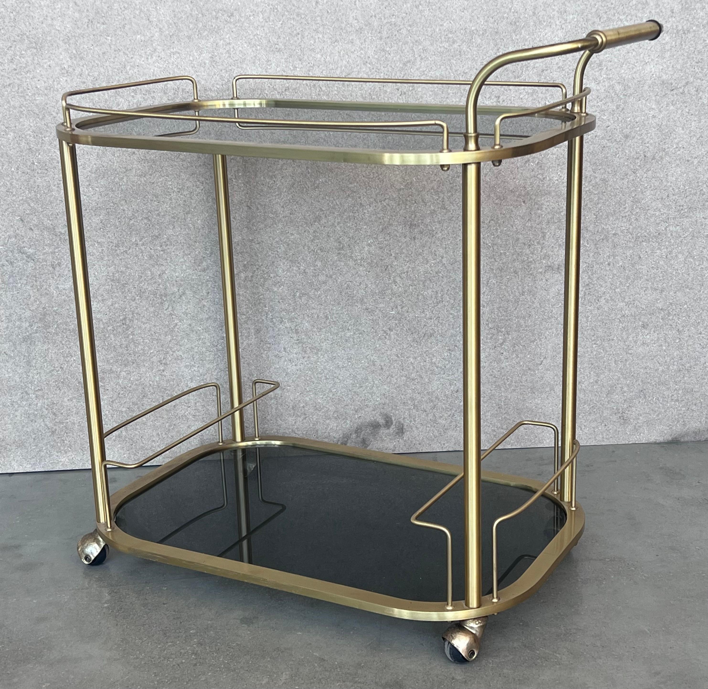 Italian Art Deco Brass Dry Bar Cart with Smoked Two Tier Glass For Sale