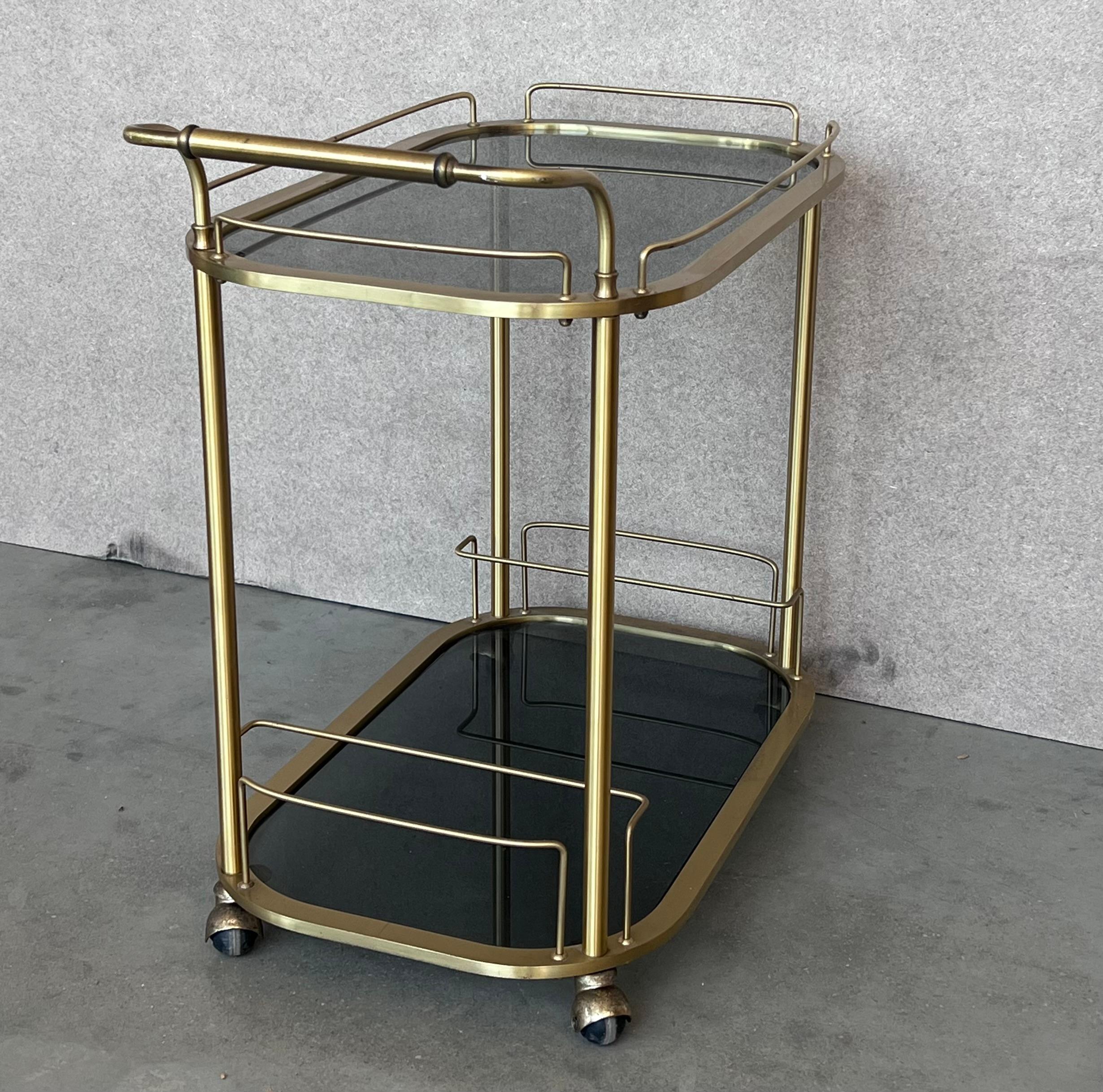 Art Deco Brass Dry Bar Cart with Smoked Two Tier Glass In Good Condition For Sale In Miami, FL
