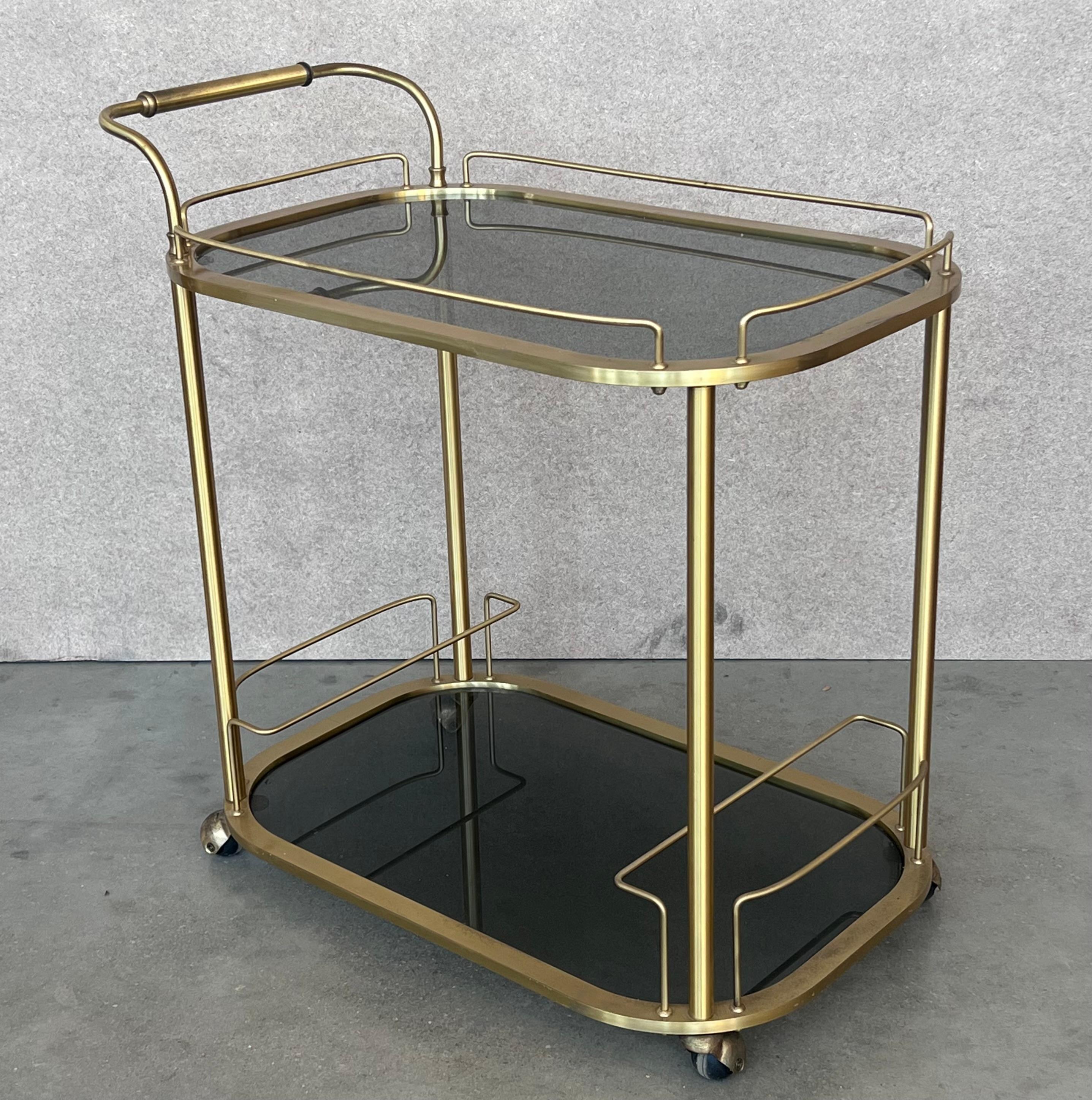 20th Century Art Deco Brass Dry Bar Cart with Smoked Two Tier Glass For Sale