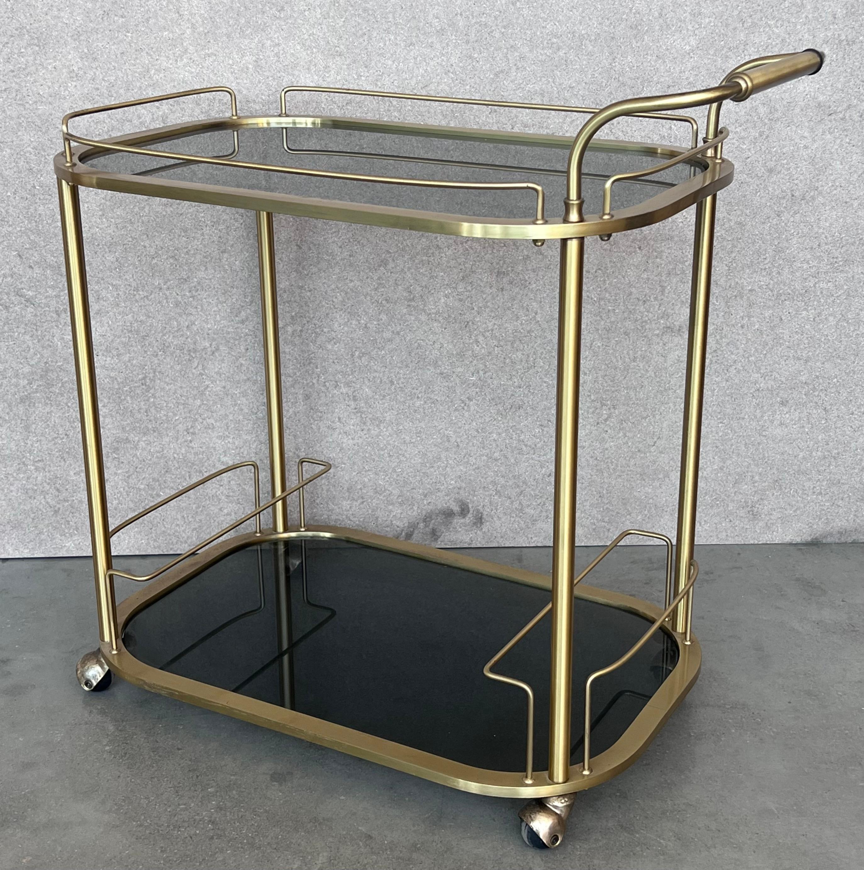 Art Deco Brass Dry Bar Cart with Smoked Two Tier Glass For Sale 1