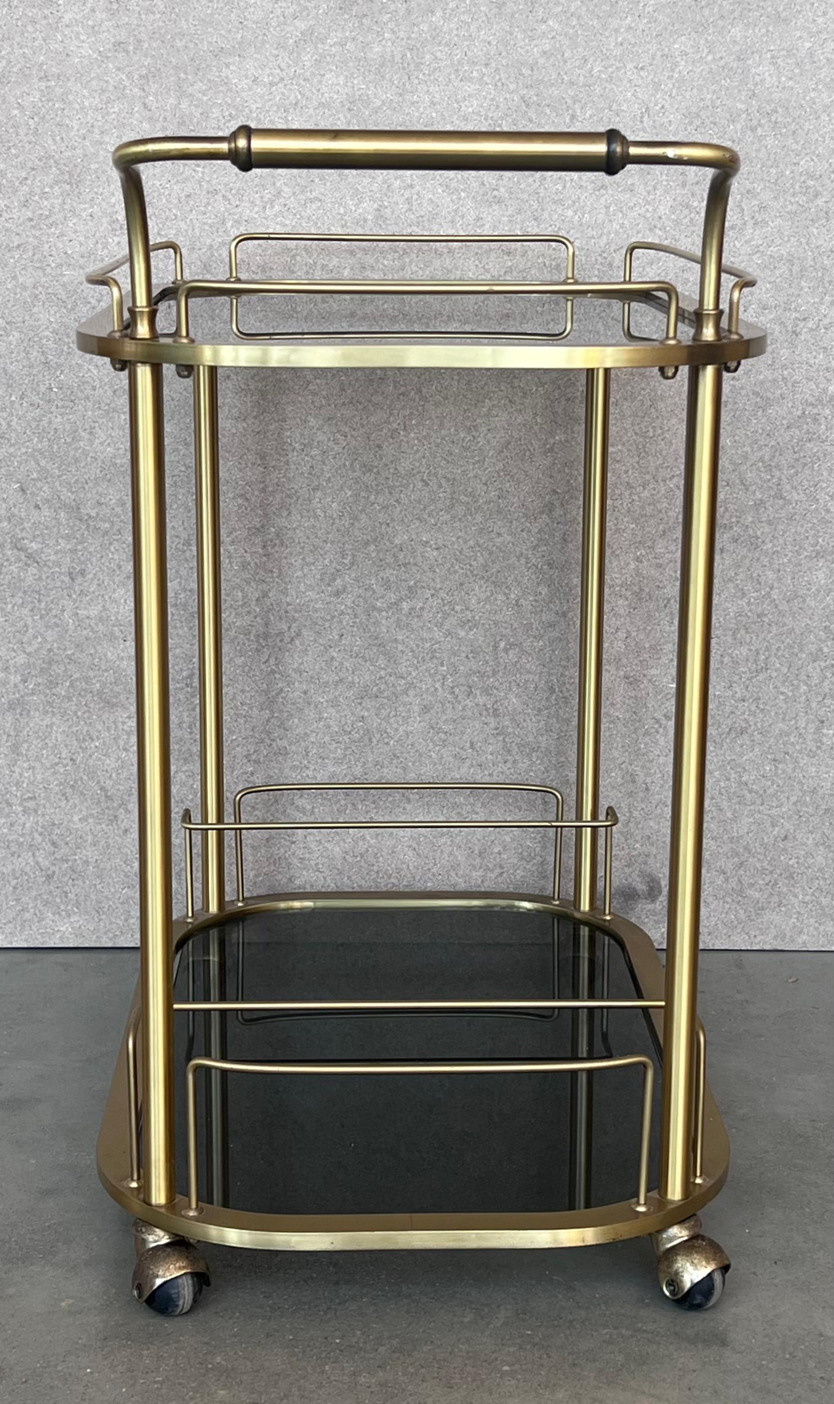 Art Deco Brass Dry Bar Cart with Smoked Two Tier Glass For Sale 2