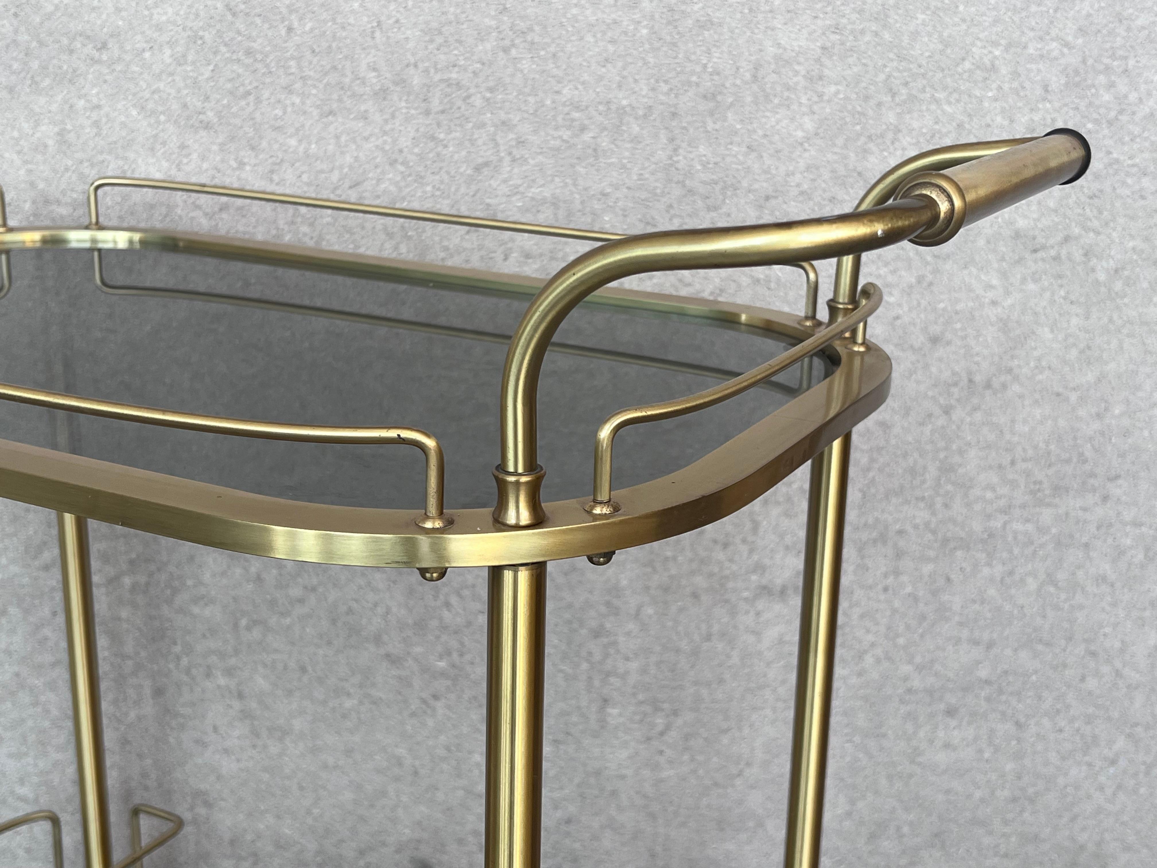 Art Deco Brass Dry Bar Cart with Smoked Two Tier Glass For Sale 3