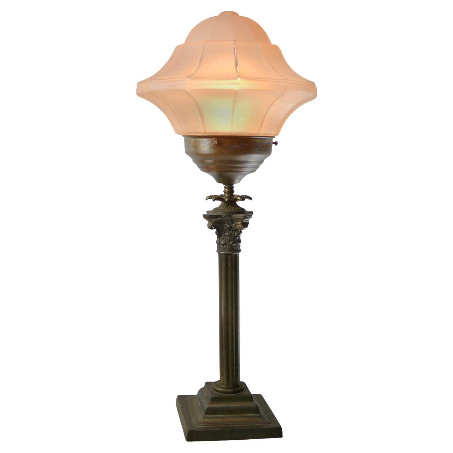 Art Deco Brass Etched Glass Table Desk Lamp, 1920s