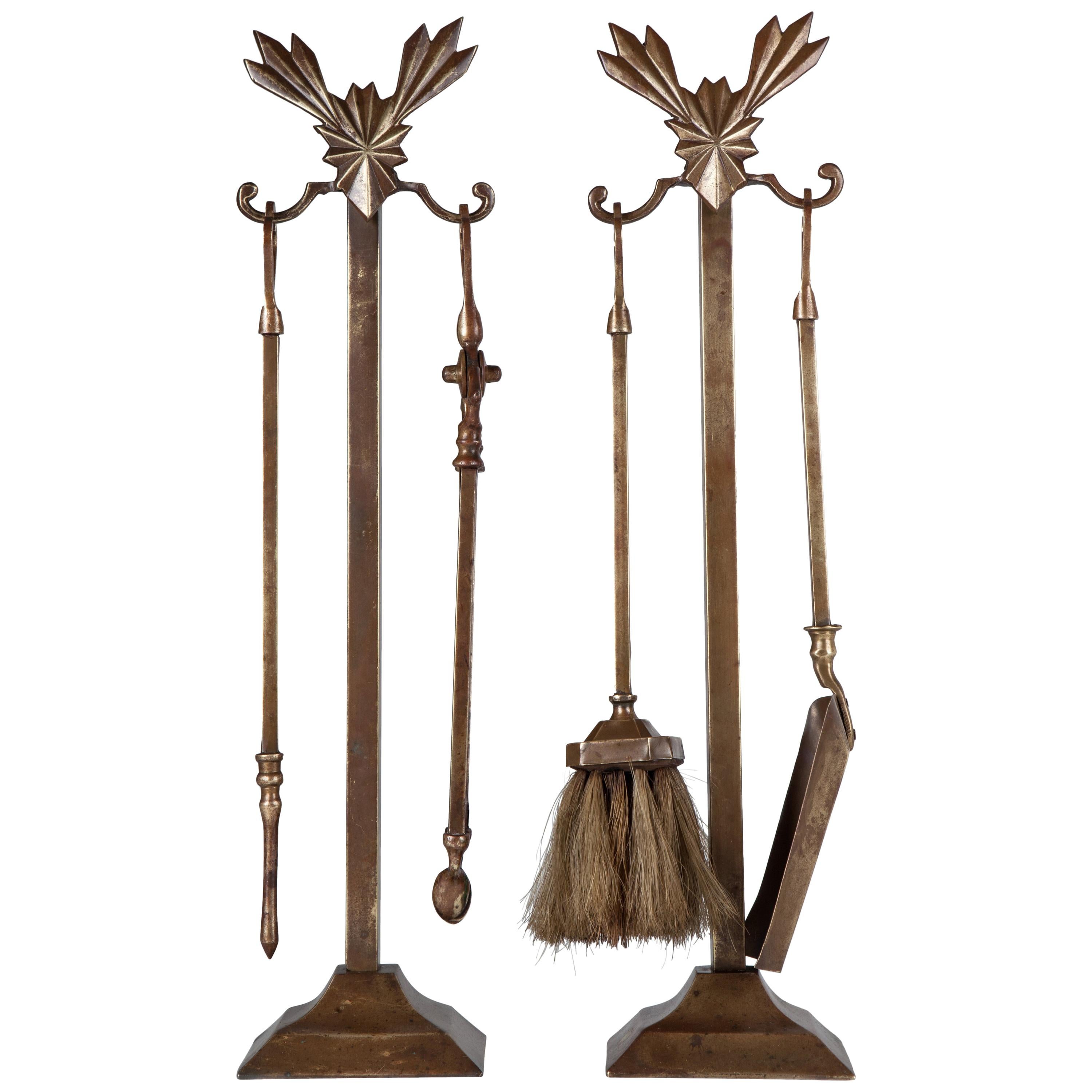 Four Piece Cast Brass Art Deco Fireplace Tool Set with Two Stands, c. 1930s For Sale