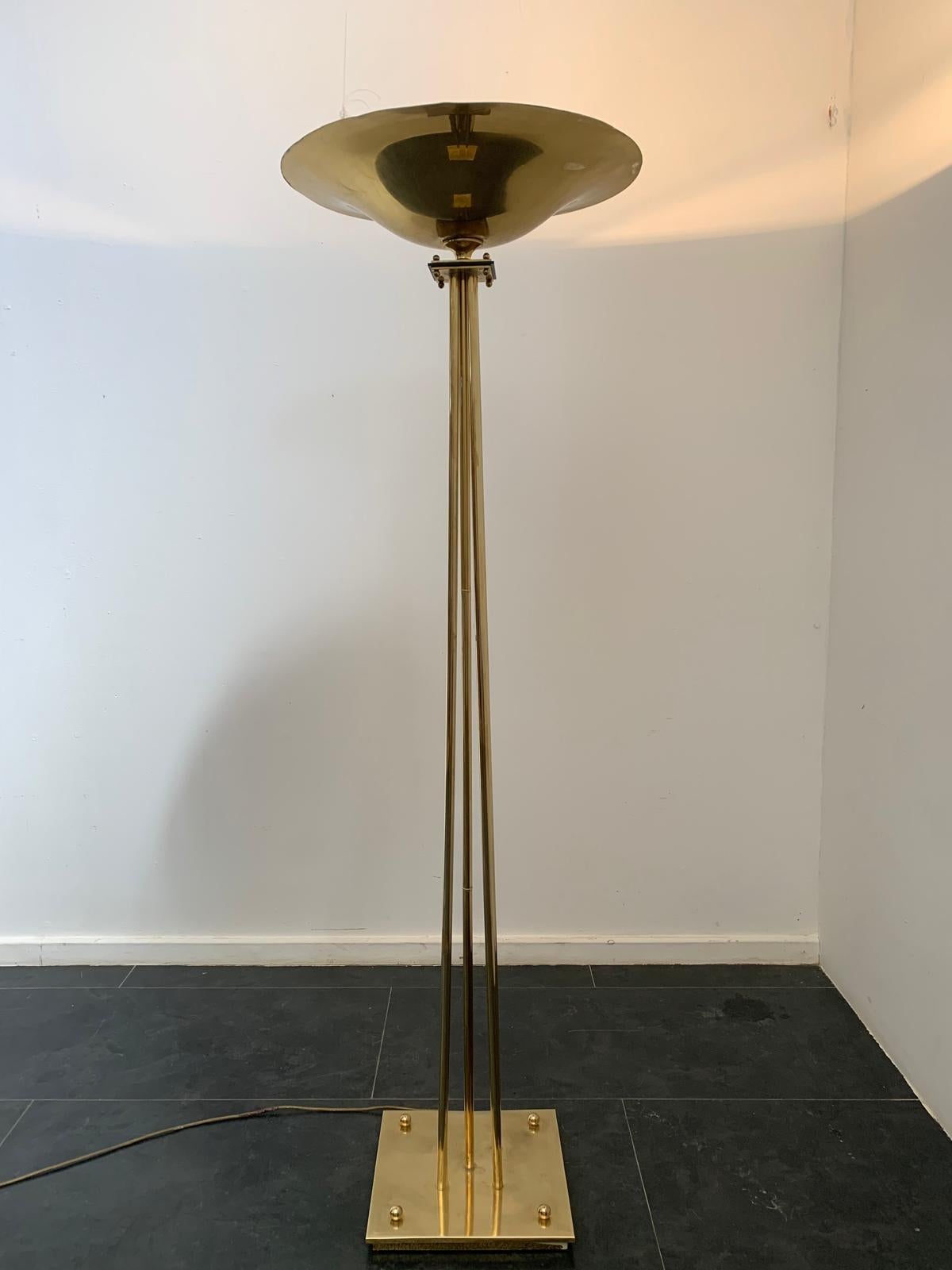 Art Deco style brass floor lamp by Prearo Luce, 1980s. Light wear and patina due to age and use. European socket (up to 250V).