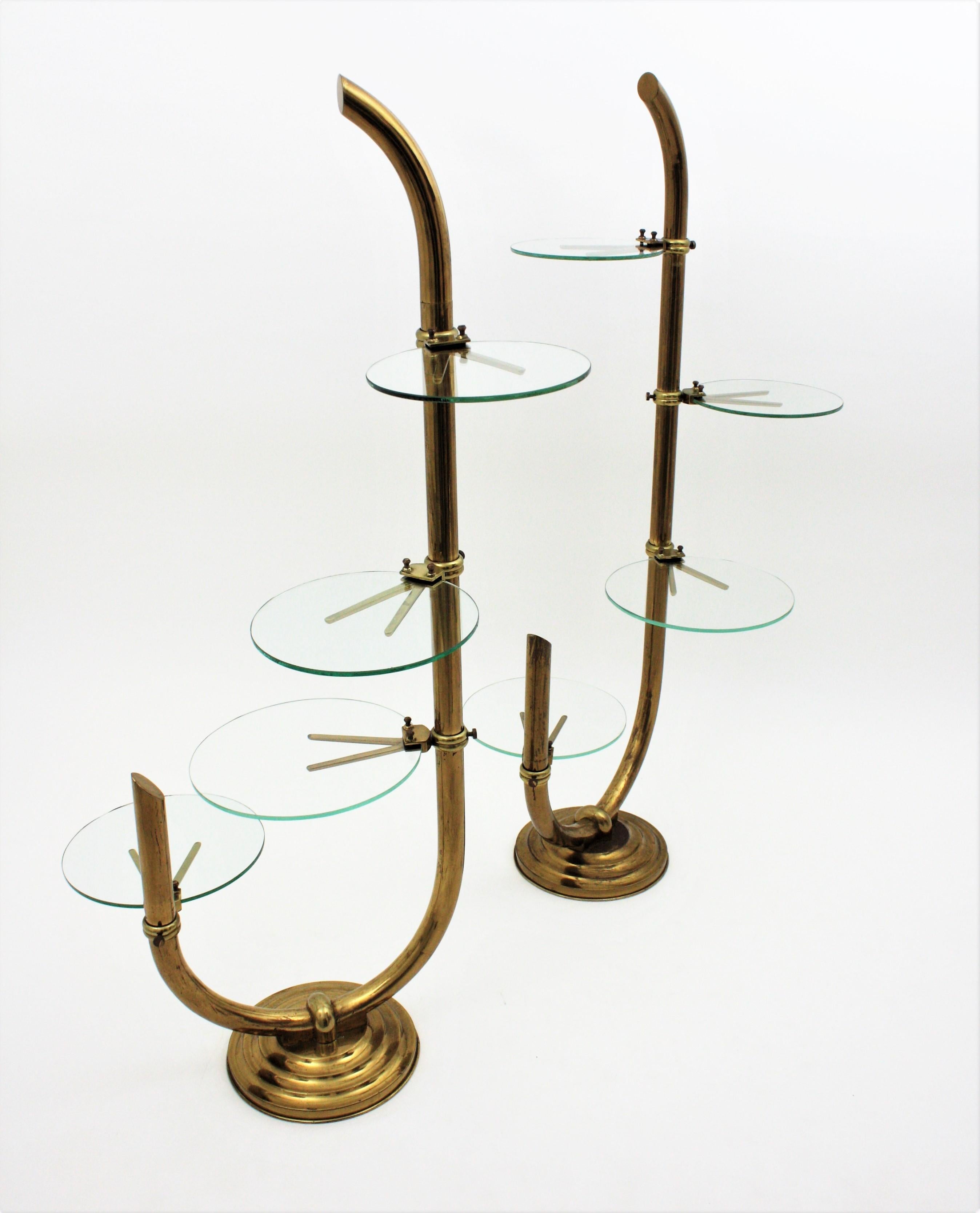 Art Deco Brass Floor Shop Display Stands / Swivel Etageres with Shelves in Glass 5