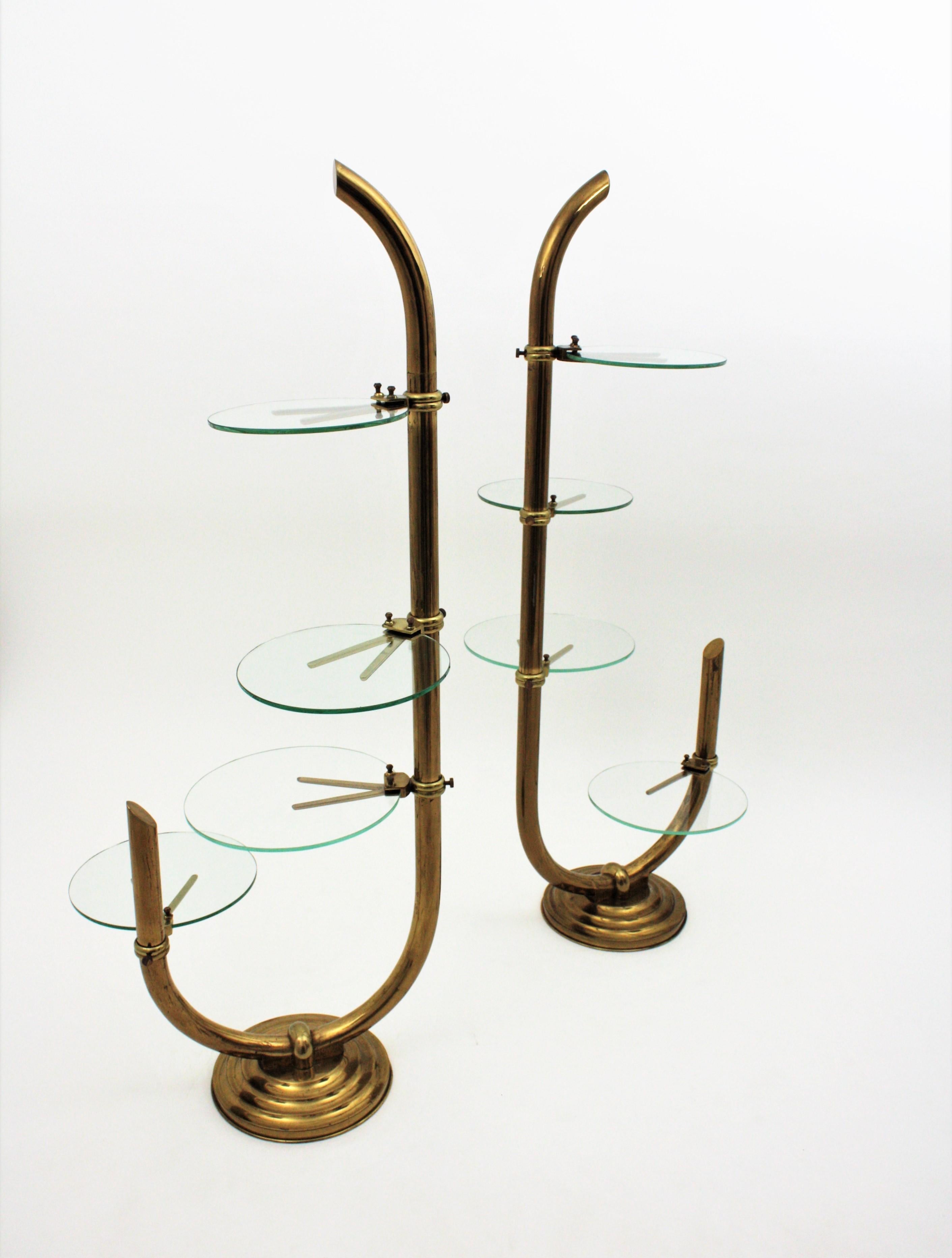 Art Deco Brass Floor Shop Display Stands / Swivel Etageres with Shelves in Glass 6