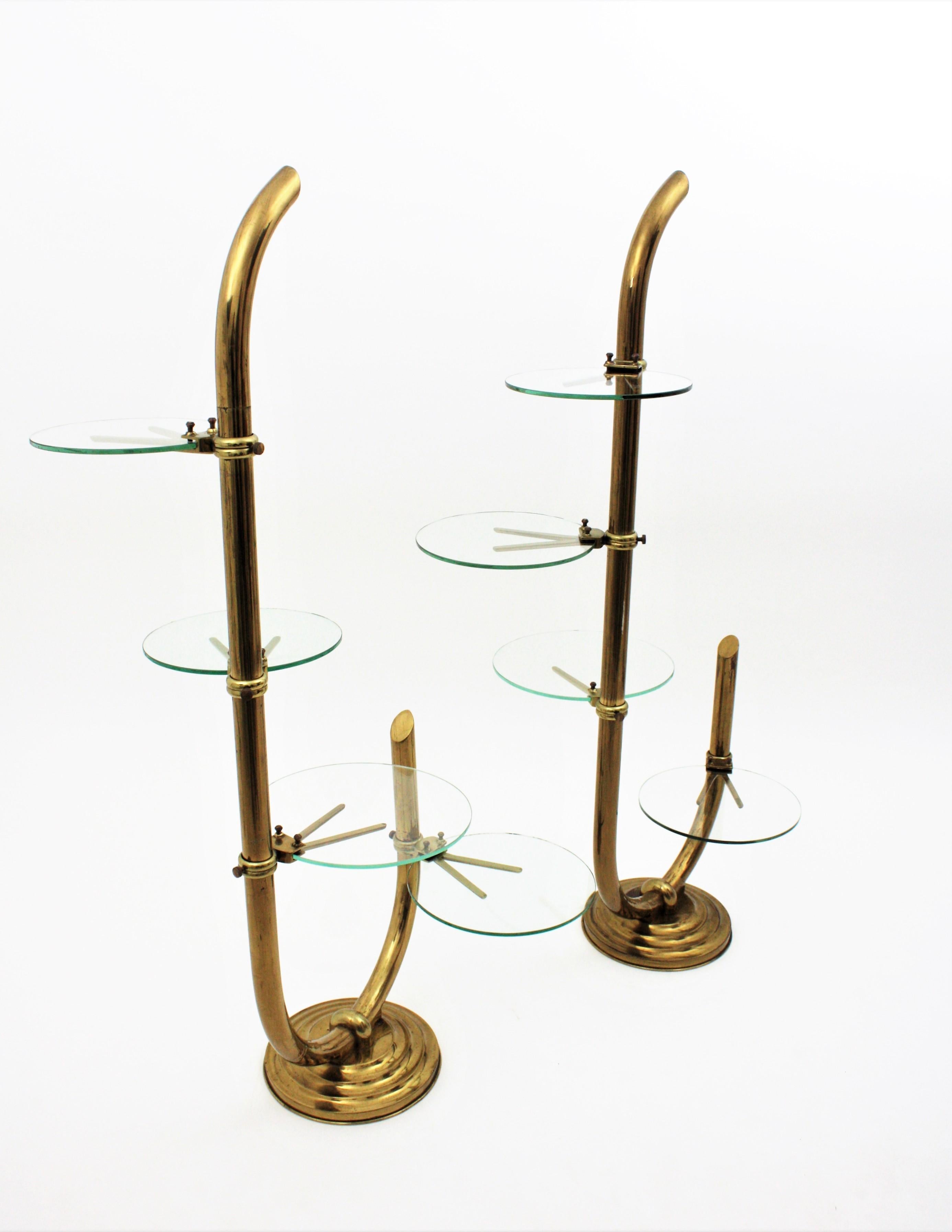 Art Deco Brass Floor Shop Display Stands / Swivel Etageres with Shelves in Glass 7