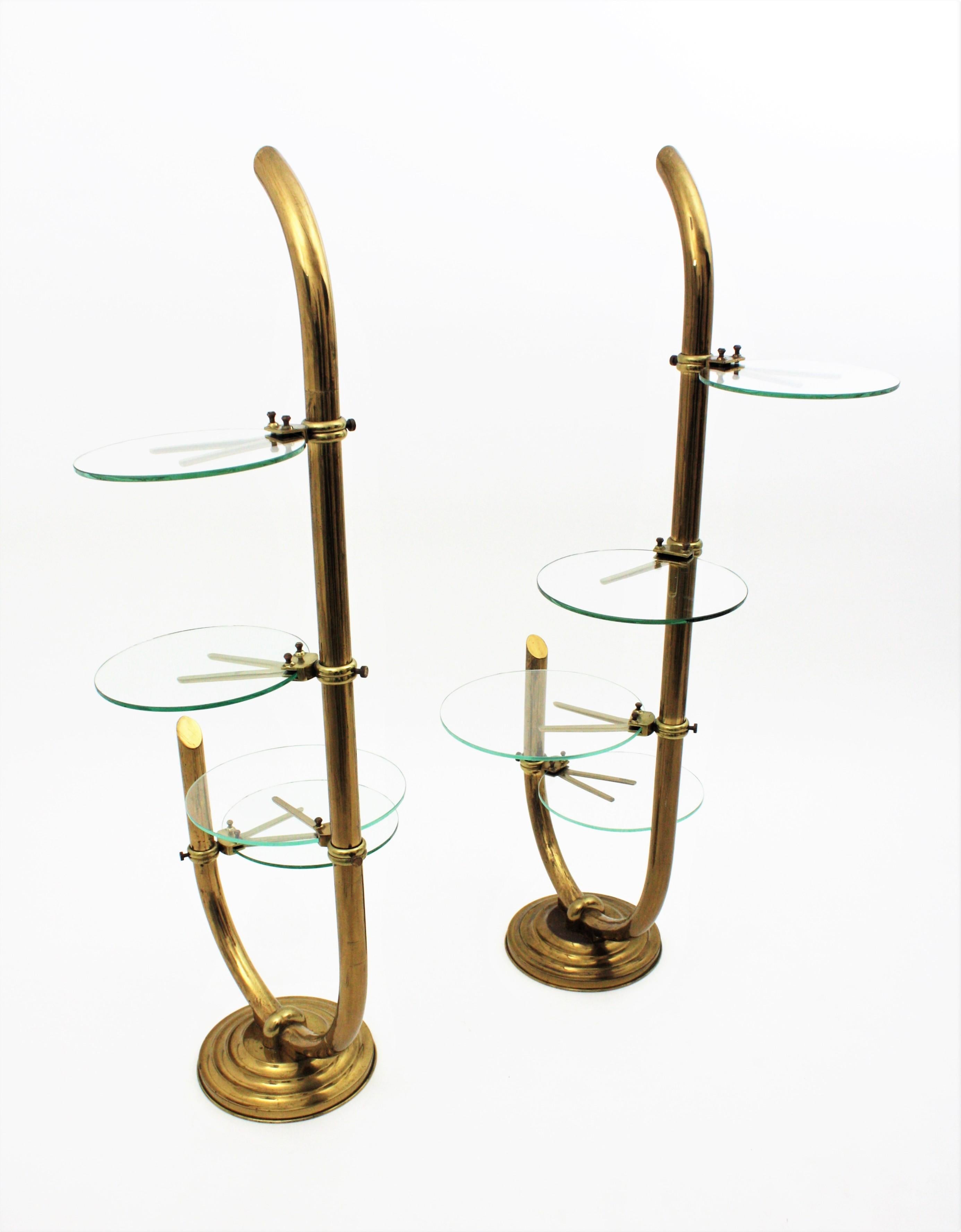 Art Deco Brass Floor Shop Display Stands / Swivel Etageres with Shelves in Glass 8