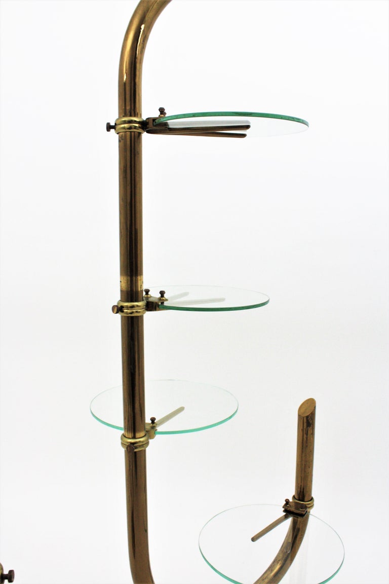 Art Deco Brass Floor Shop Display Stands / Swivel Etageres with Shelves
