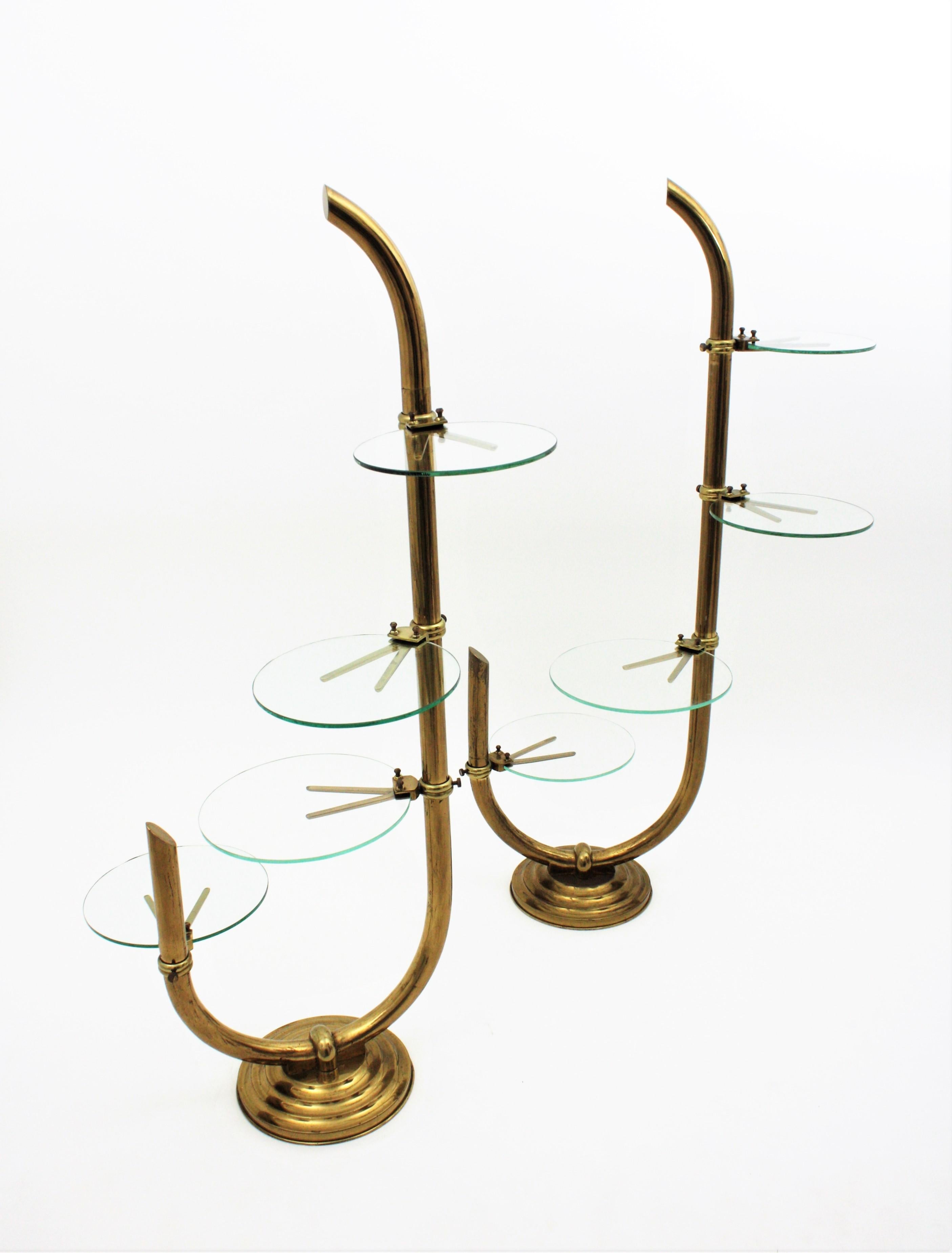 Spanish Art Deco Brass Floor Shop Display Stands / Swivel Etageres with Shelves in Glass