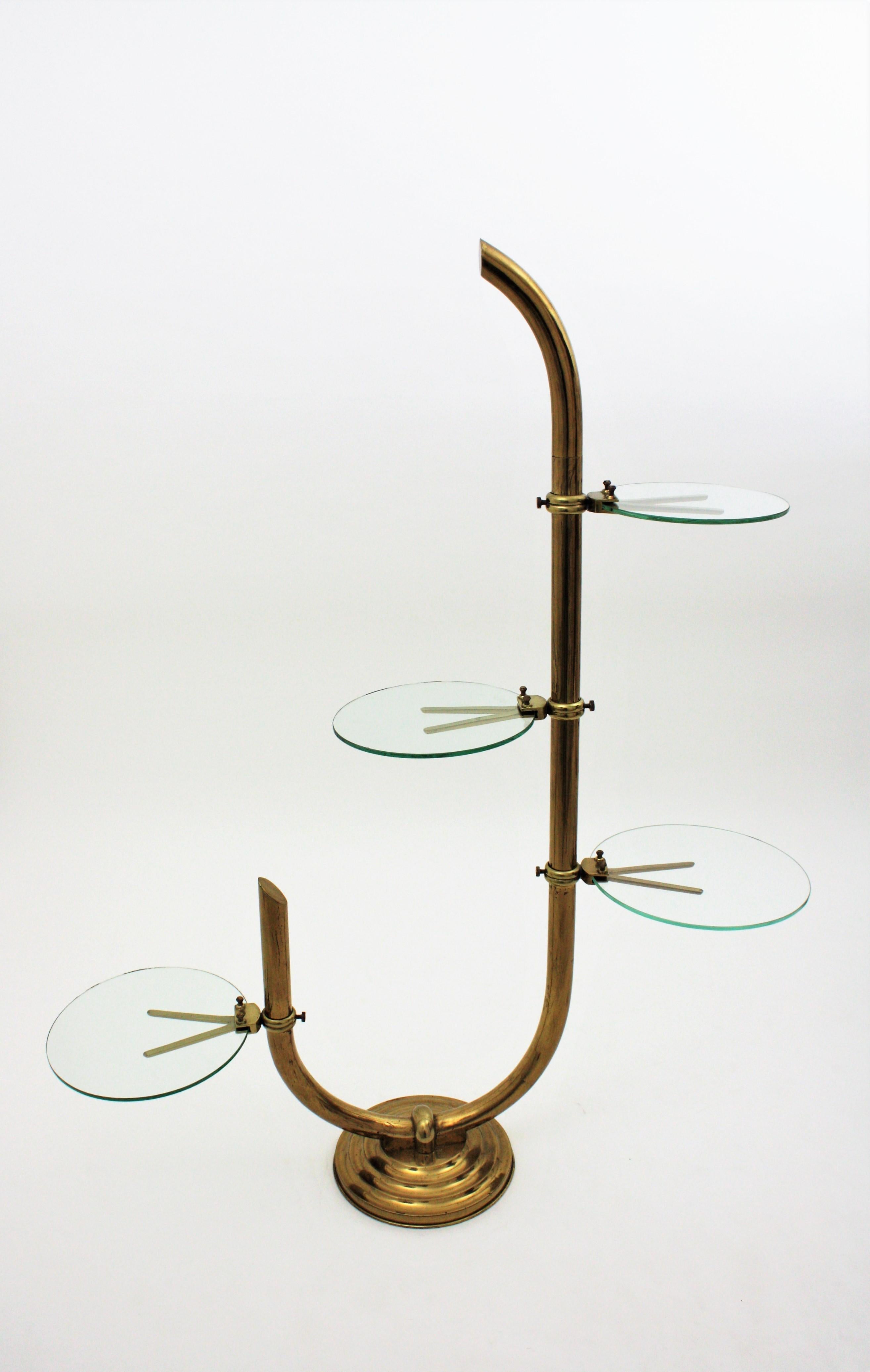 20th Century Art Deco Brass Floor Shop Display Stands / Swivel Etageres with Shelves in Glass