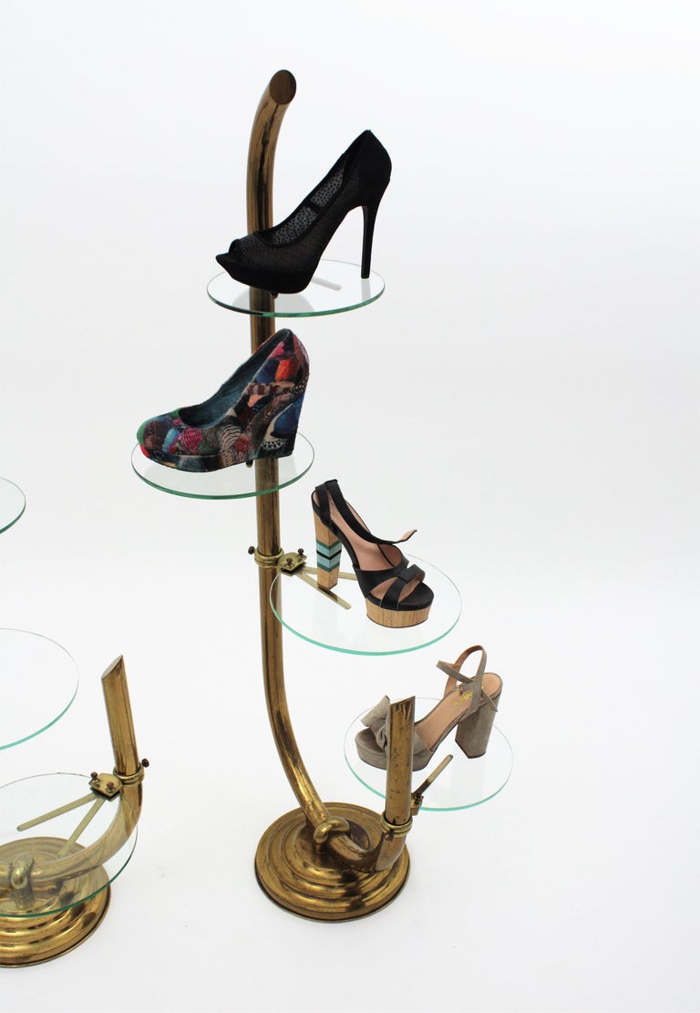 Art Deco Brass Floor Shop Display Stands / Swivel Etageres with Shelves