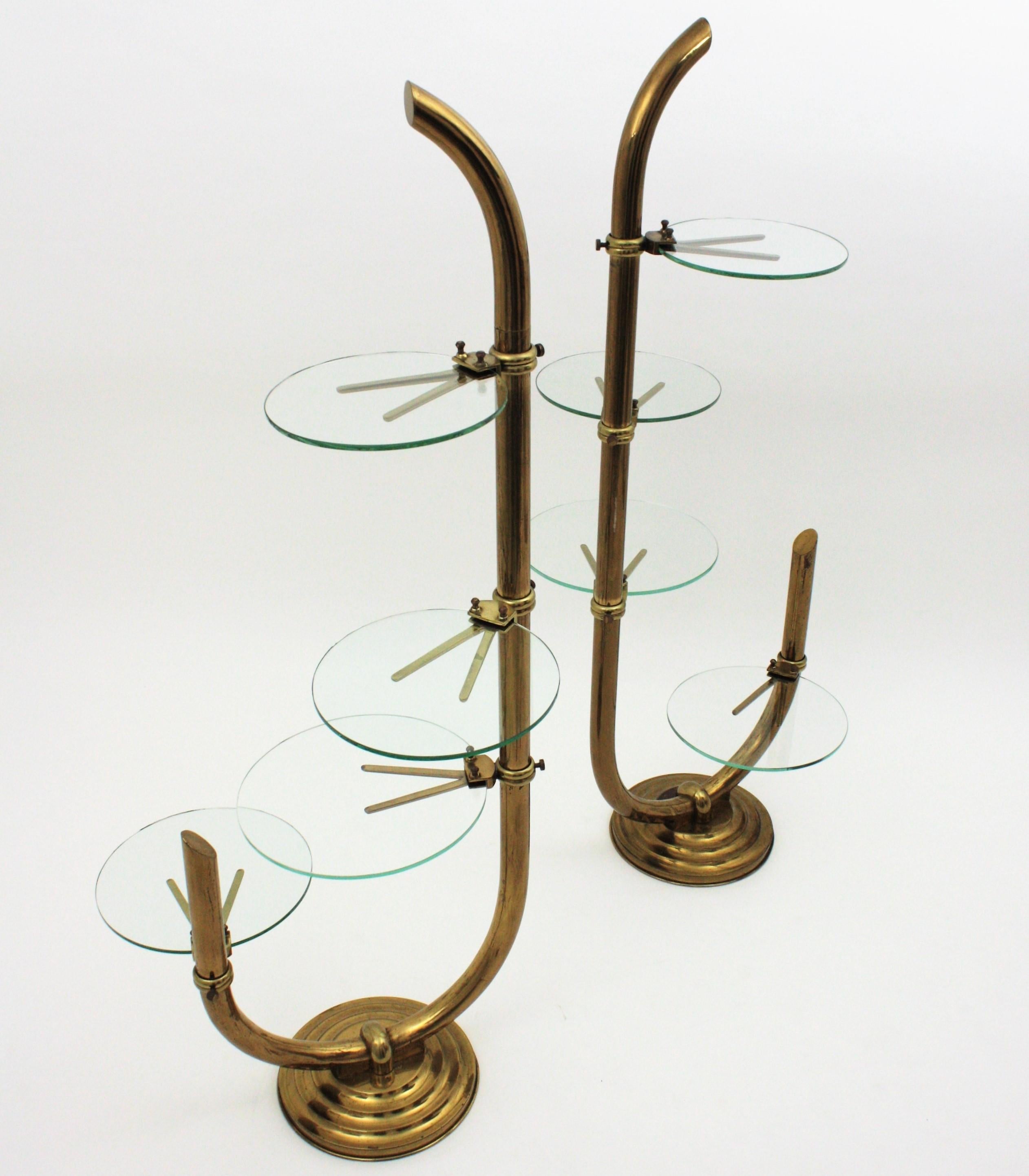 Art Deco Brass Floor Shop Display Stands / Swivel Etageres with Shelves in Glass 2