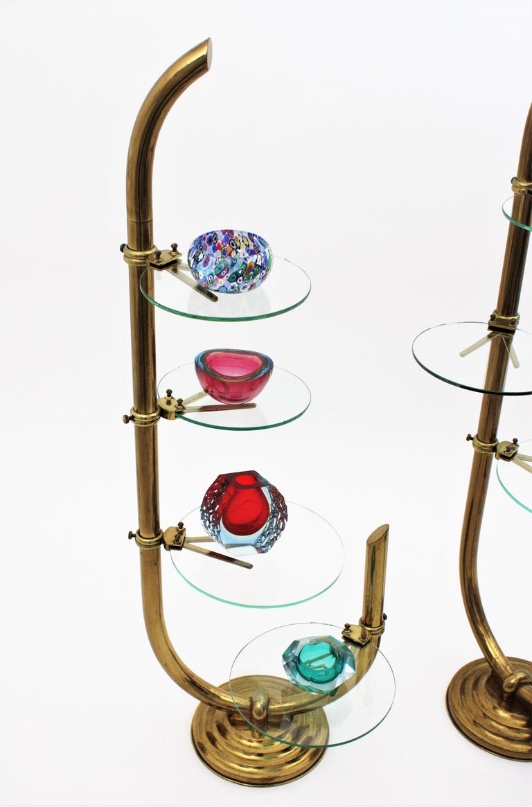 Art Deco Brass Floor Shop Display Stands / Swivel Etageres with Shelves