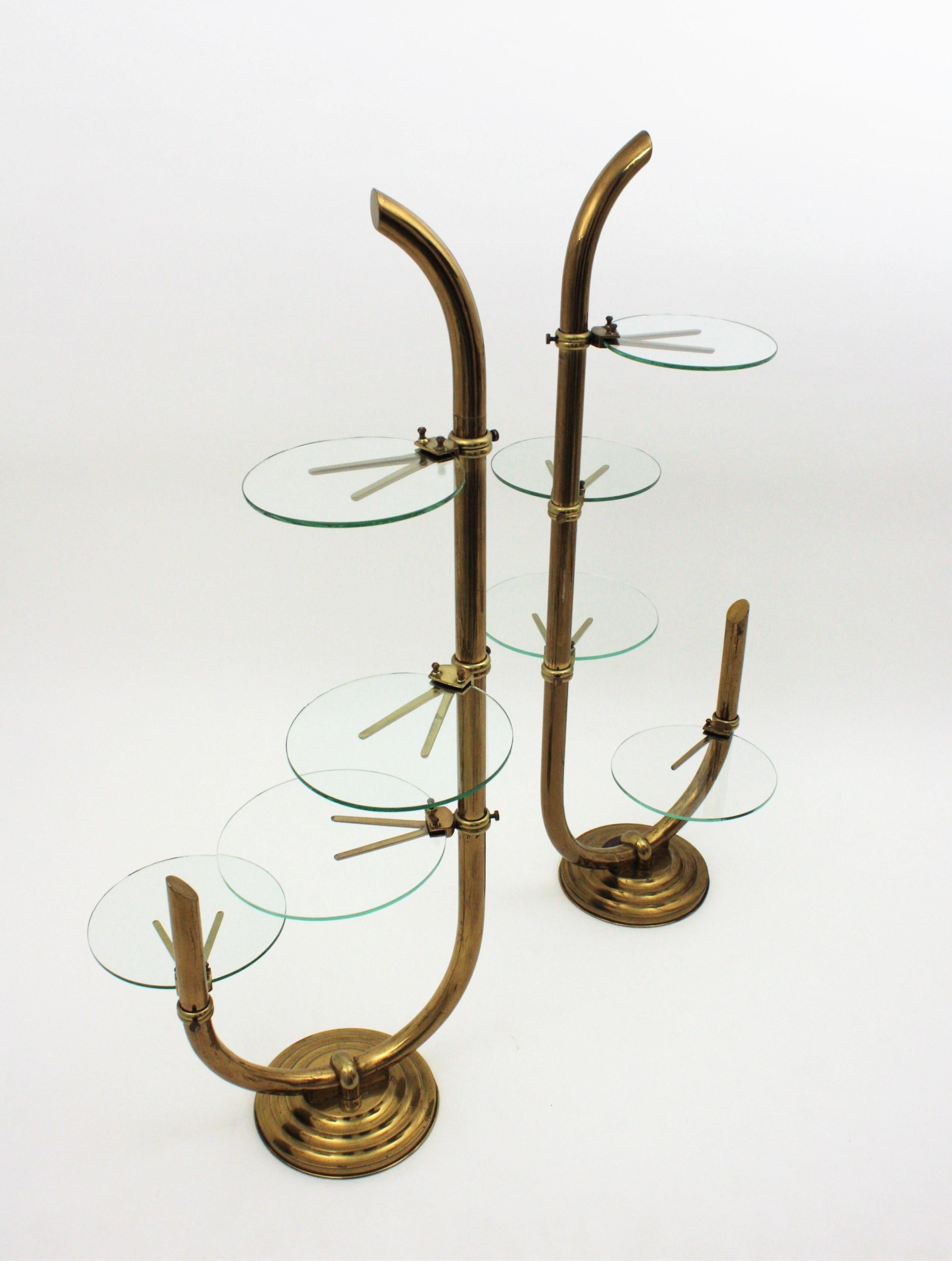 Art Deco Brass Floor Shop Display Stands / Swivel Etageres with Shelves in Glass 4