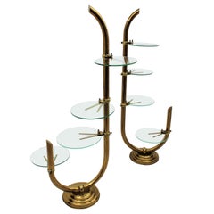 Art Deco Brass Floor Shop Display Stands / Swivel Etageres with Shelves in Glass