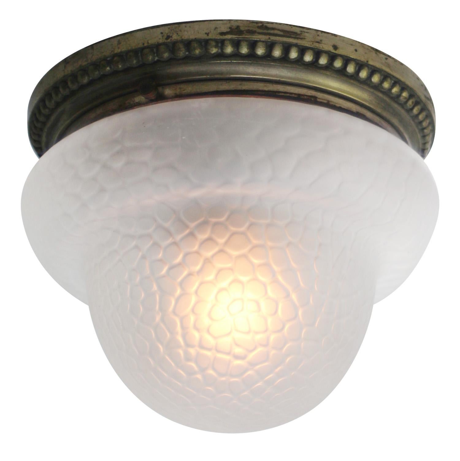Art deco ceiling lamp.
Brass and frosted glass.

Diameter foot 12 cm / 4.7”

Weight: 1.10 kg / 2.4 lb

Priced per individual item. All lamps have been made suitable by international standards for incandescent light bulbs, energy-efficient and LED