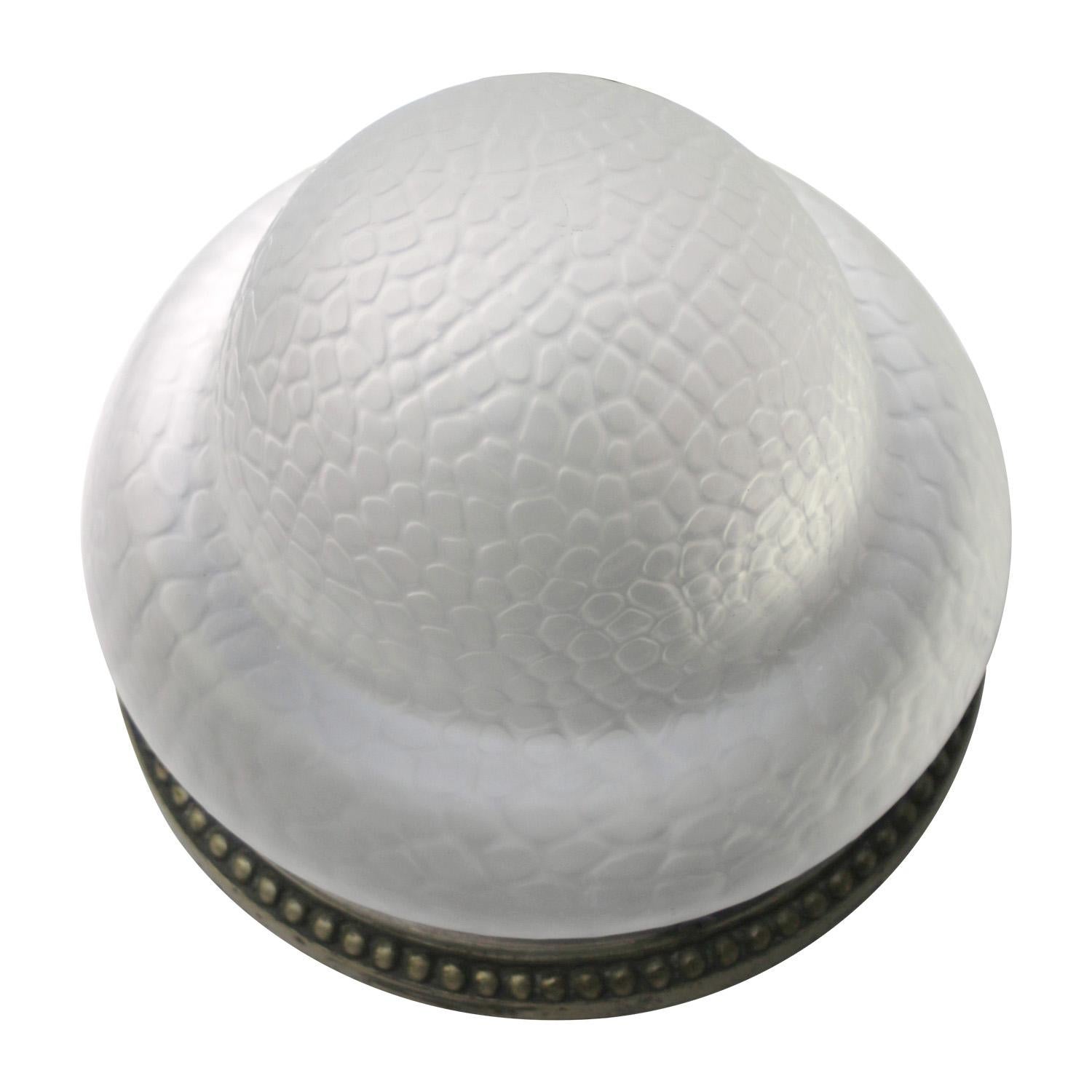 French Art Deco Brass Frosted Glass Ceiling Lamp Flush Mount For Sale