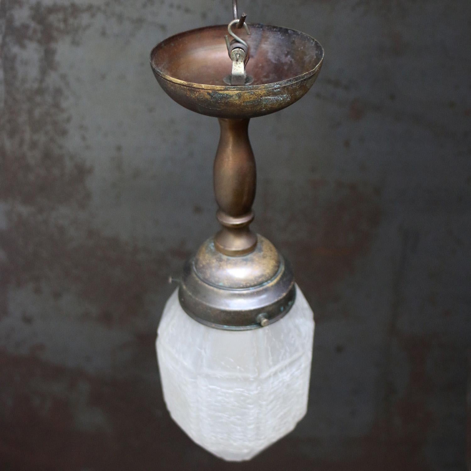 Art Deco Brass Frosted Glass Ceiling Lamp Flush Mount In Good Condition For Sale In Amsterdam, NL