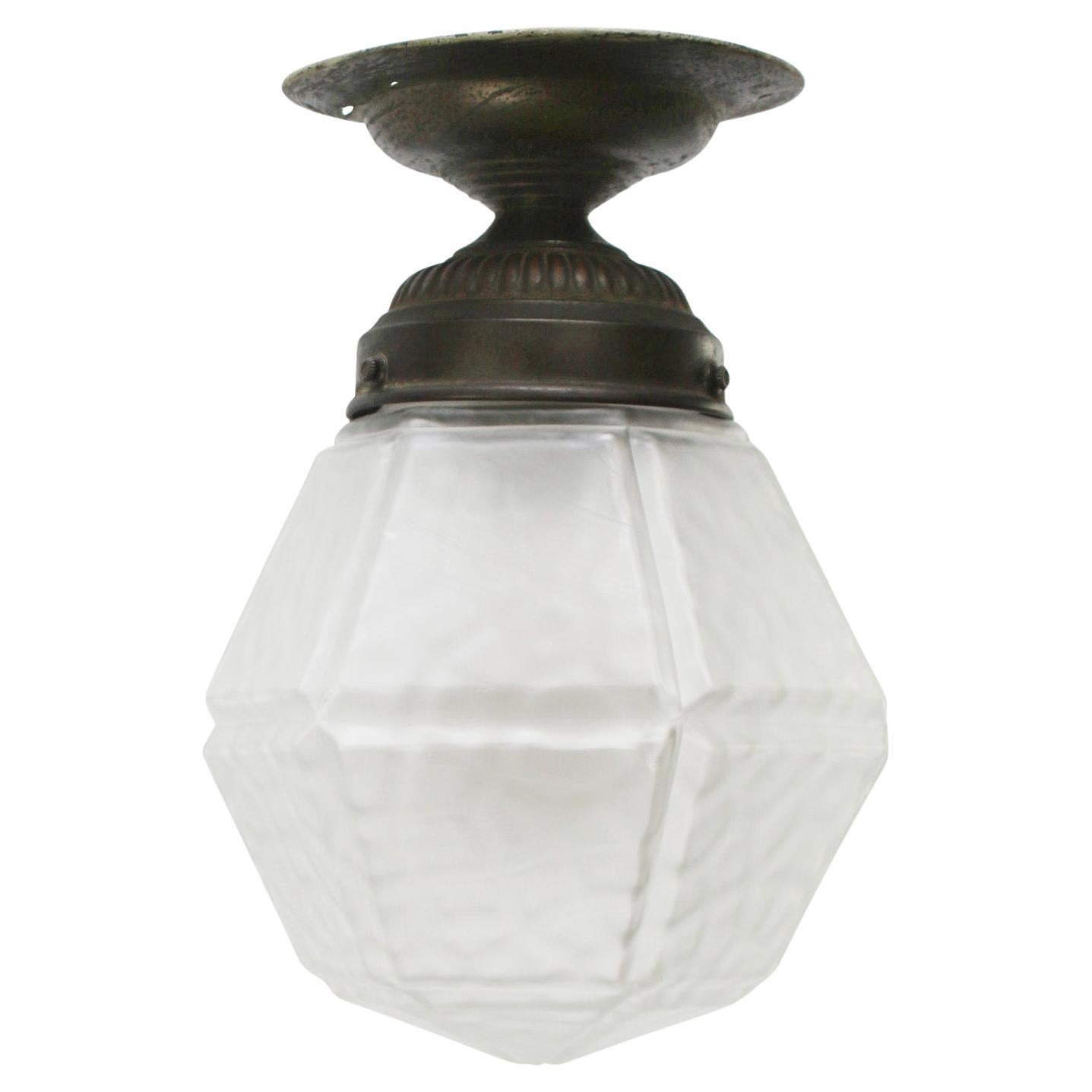 Art Deco Brass Frosted Glass Ceiling Lamp Flush Mount For Sale
