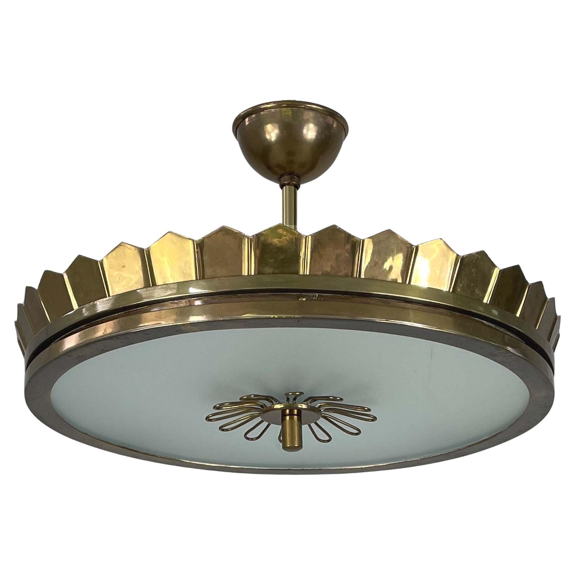Art Deco Brass 
Frosted Glass Semi Flush Mount, Sweden 1930s