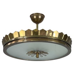 Art Deco Brass & Frosted Glass Semi Flush Mount, Sweden 1930s
