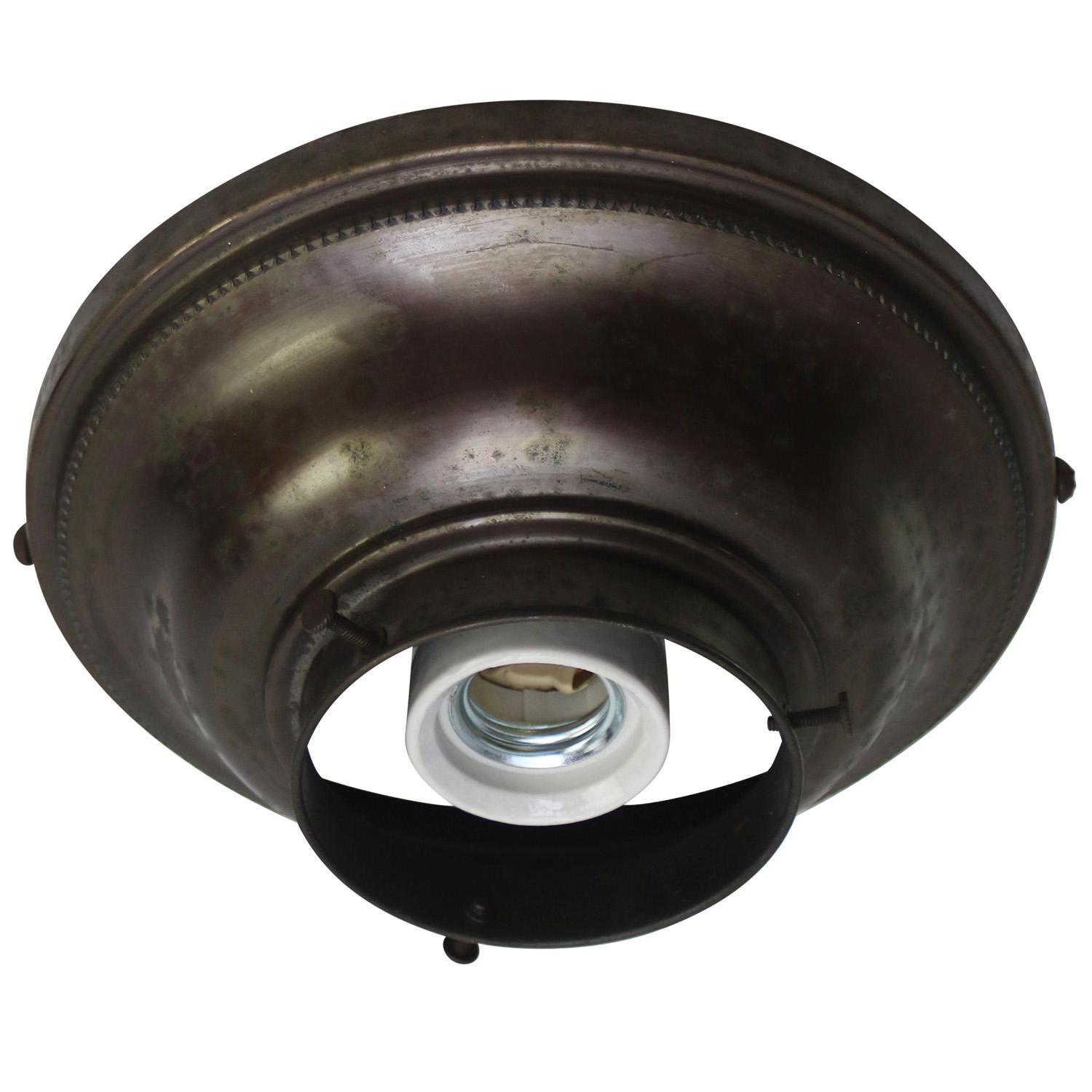 French Art Deco Brass Frosted Reeded Glass Ceiling Lamp Flush Mount For Sale