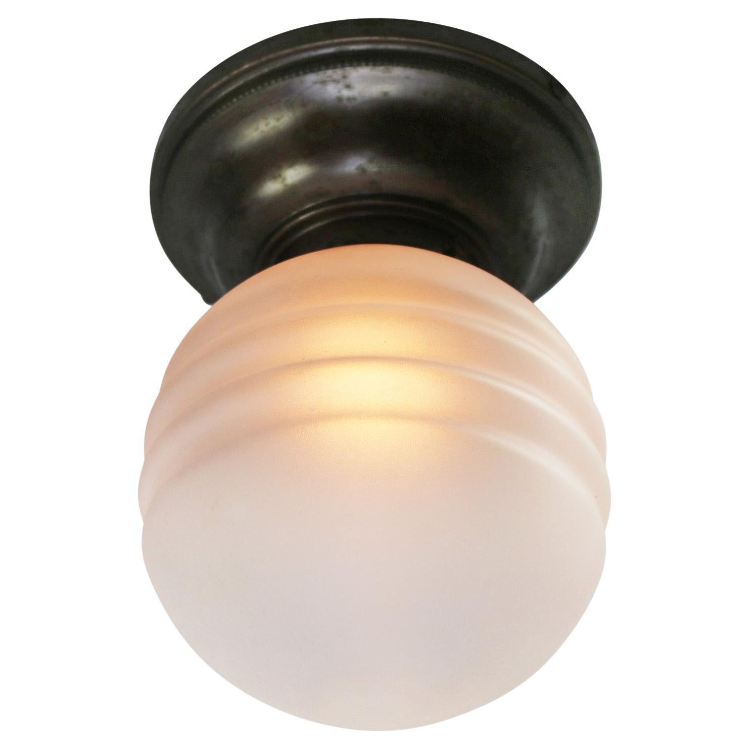 Art Deco Brass Frosted Reeded Glass Ceiling Lamp Flush Mount For Sale