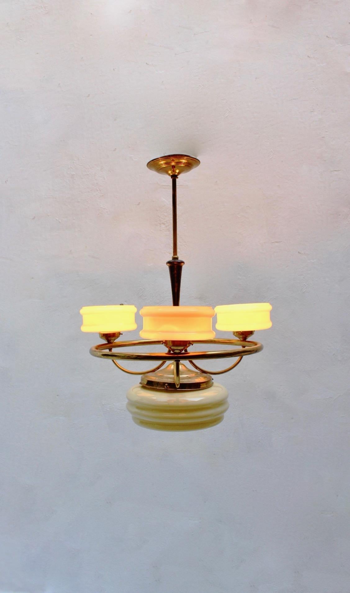 Art Deco Brass and Glass 4-Lights Chandelier, 1930s In Good Condition In Valencia, Valencia