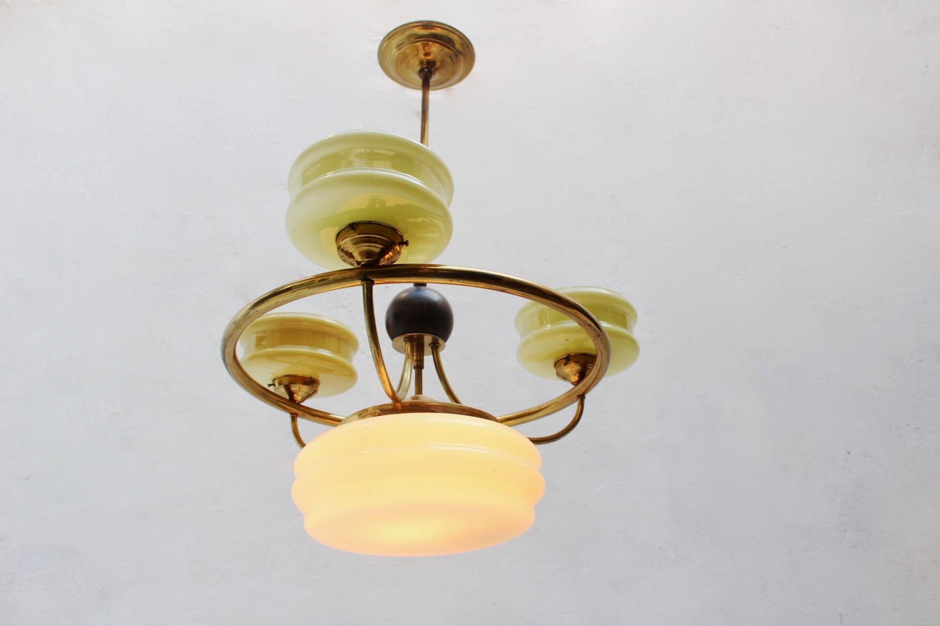 Mid-20th Century Art Deco Brass and Glass 4-Lights Chandelier, 1930s