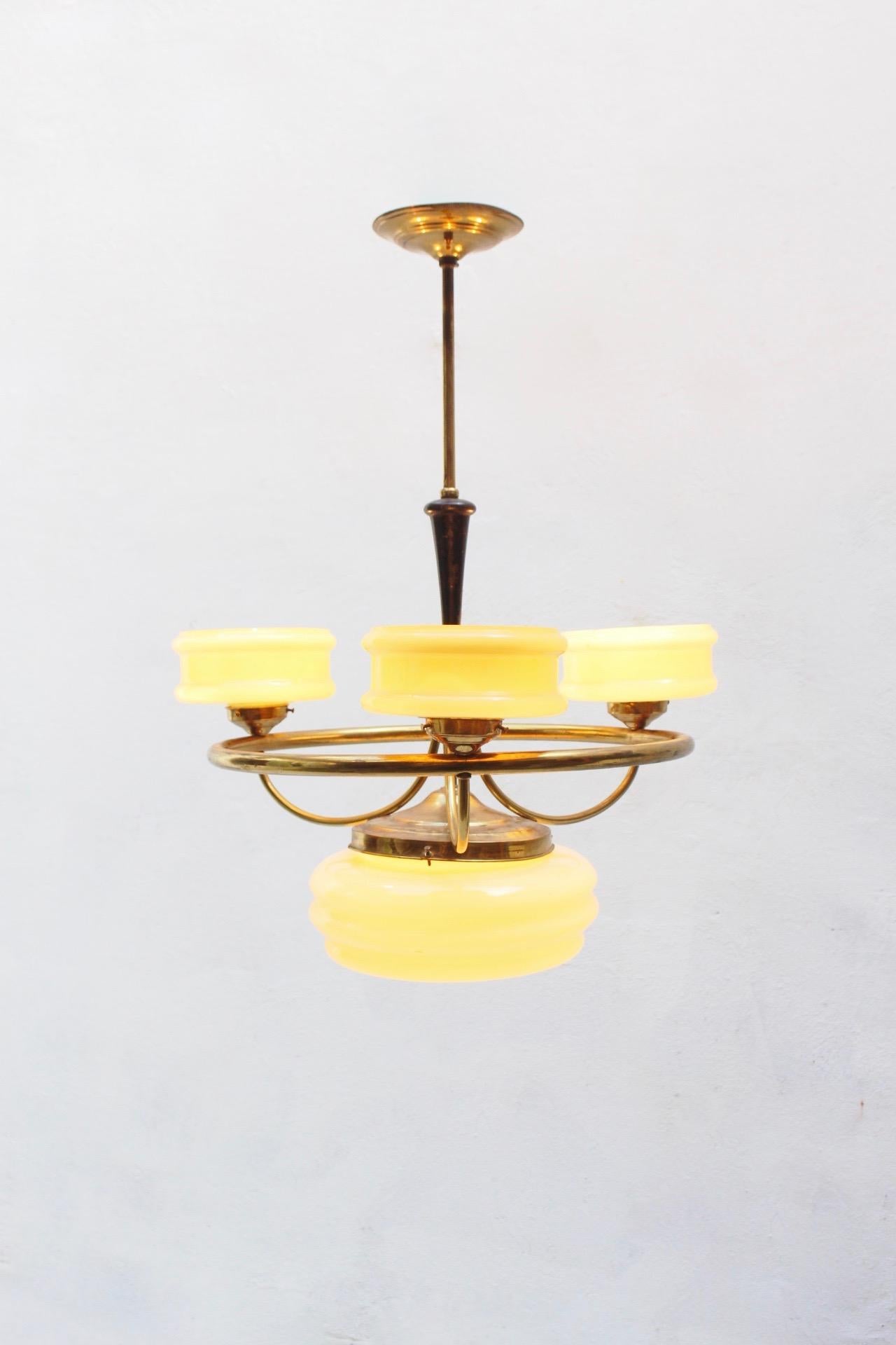 Art Deco Brass and Glass 4-Lights Chandelier, 1930s 1