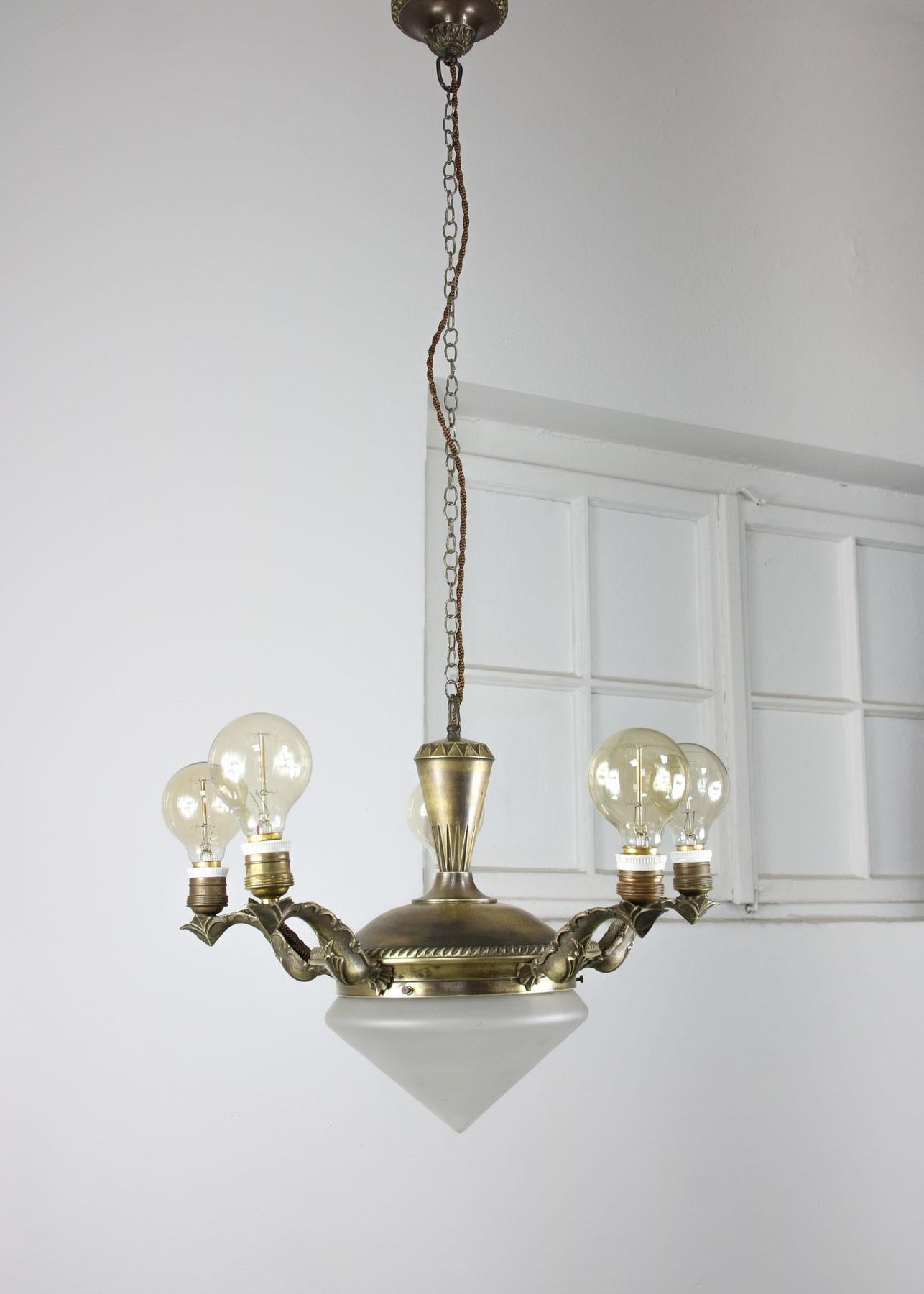 Art Deco Brass & Glass Chandelier For Sale 5