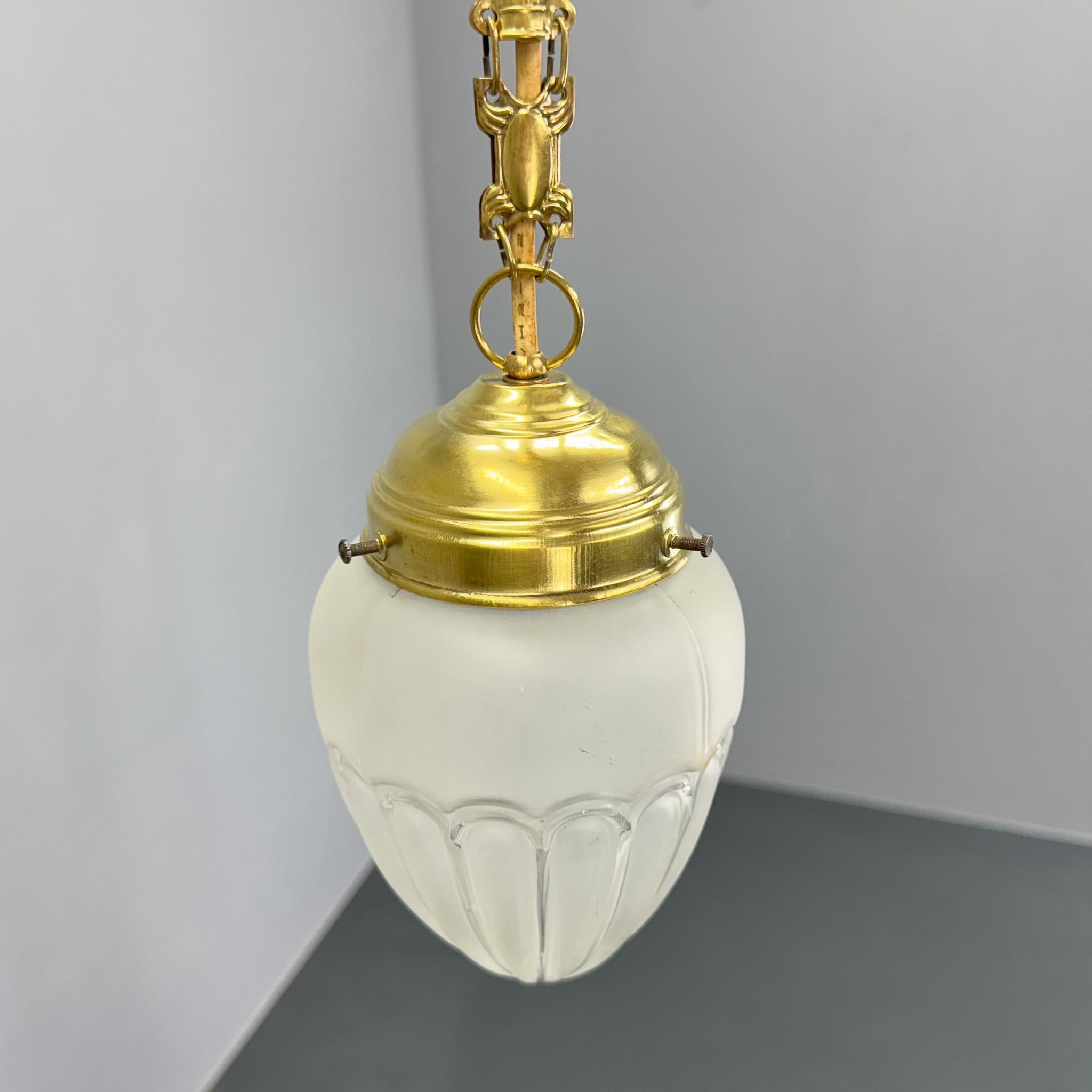 Art Deco Brass & Glass Pendant Light, Germany 1930s, Restored In Good Condition For Sale In Praha, CZ