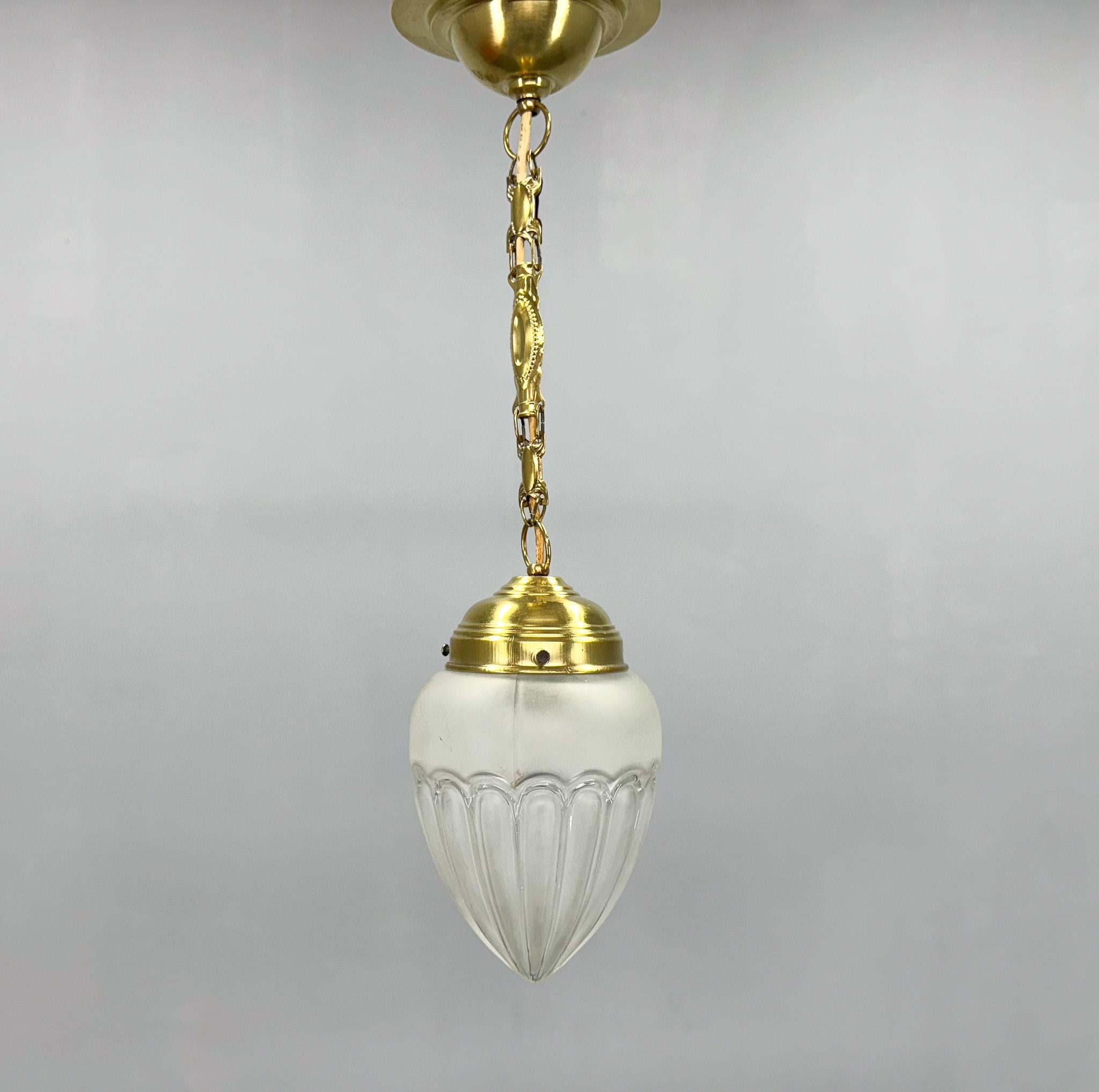 Art Deco Brass & Glass Pendant Light, Germany 1930s, Restored For Sale 3