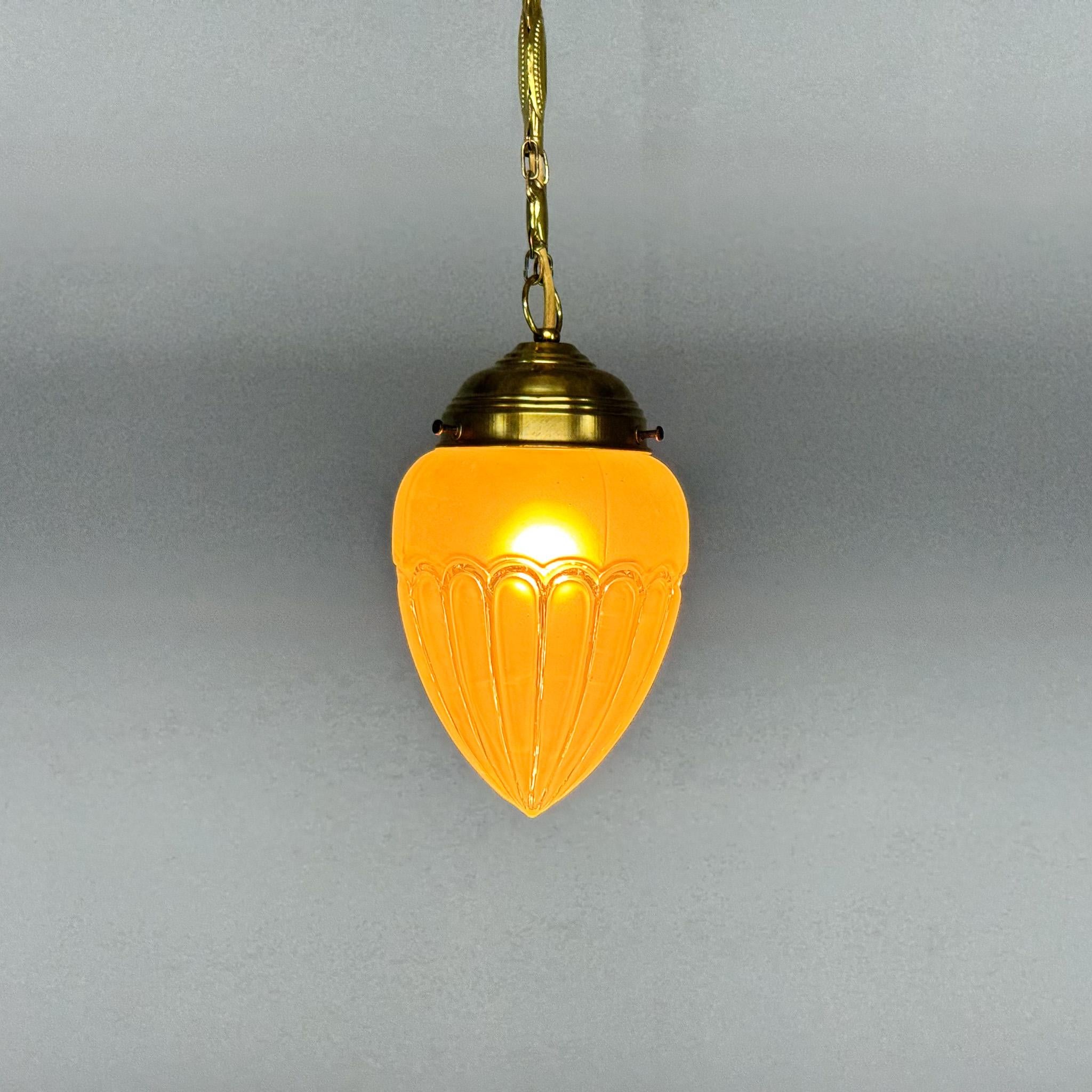 Art Deco Brass & Glass Pendant Light, Germany 1930s, Restored For Sale 4
