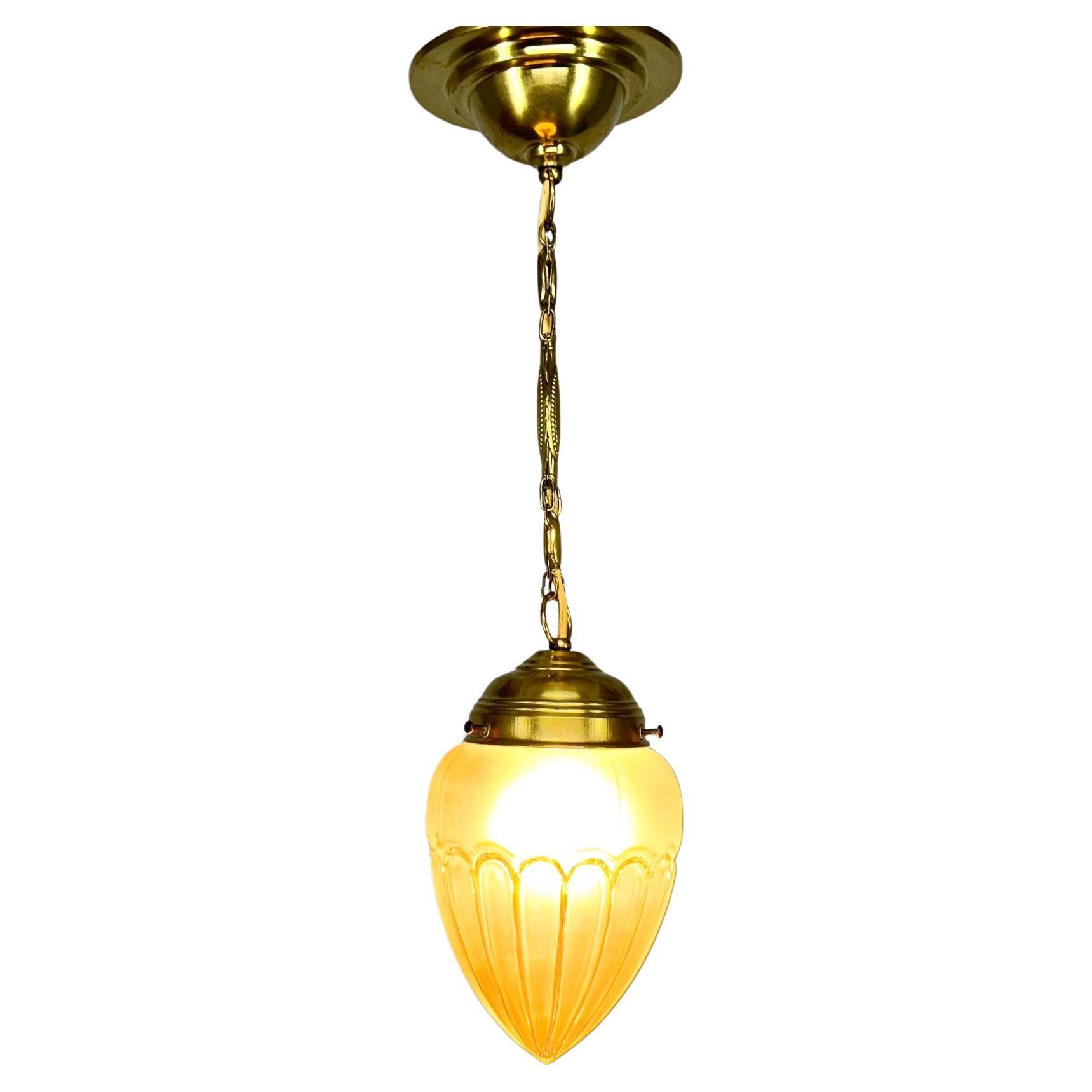 Lampada a sospensione in ottone e vetro Art Deco, Germania, anni '30, restaurata