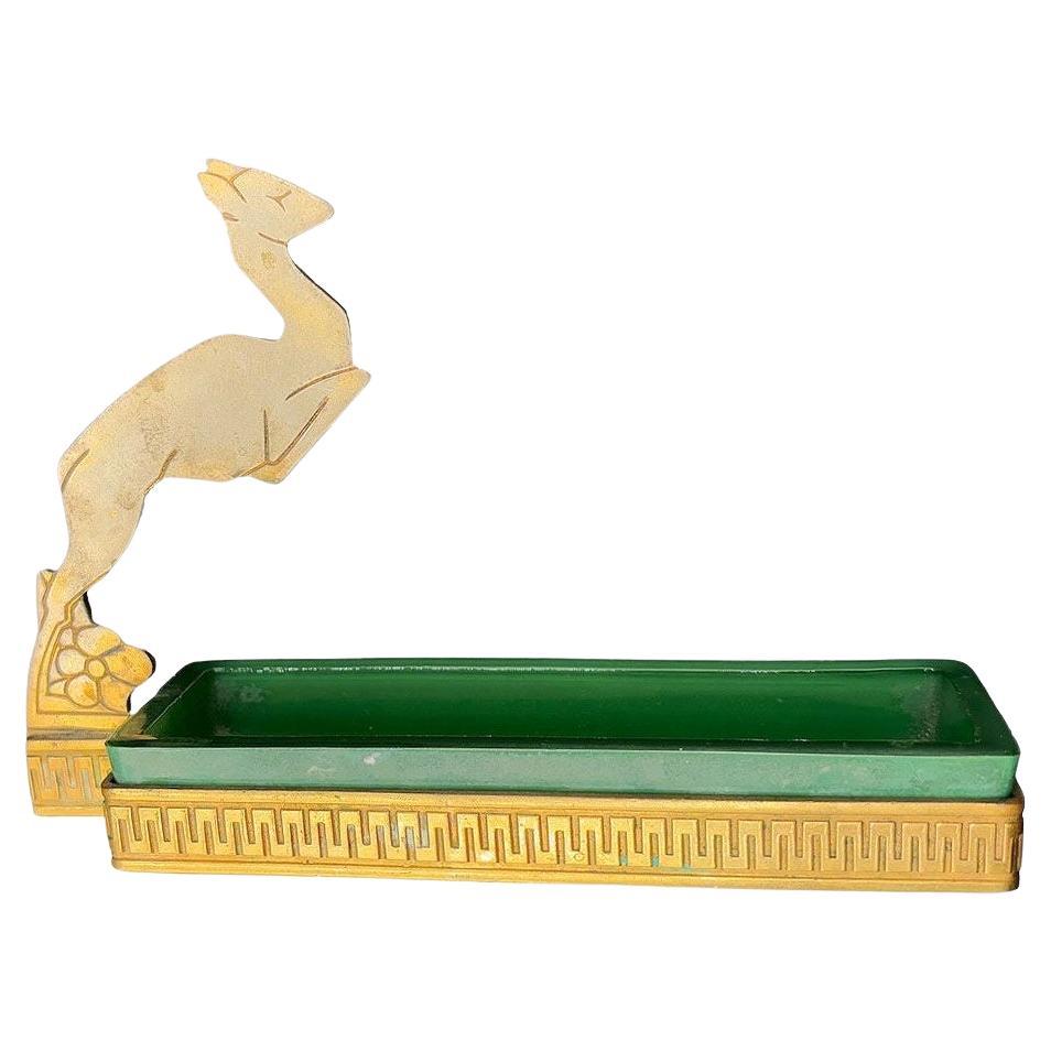 Art Deco Brass & Green Glass Leaping Gazelle Ring Tray