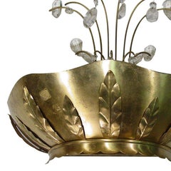 Art Deco Brass Hollywood Regency Palm Leaf Wall Sconce W/ Crystal Arms