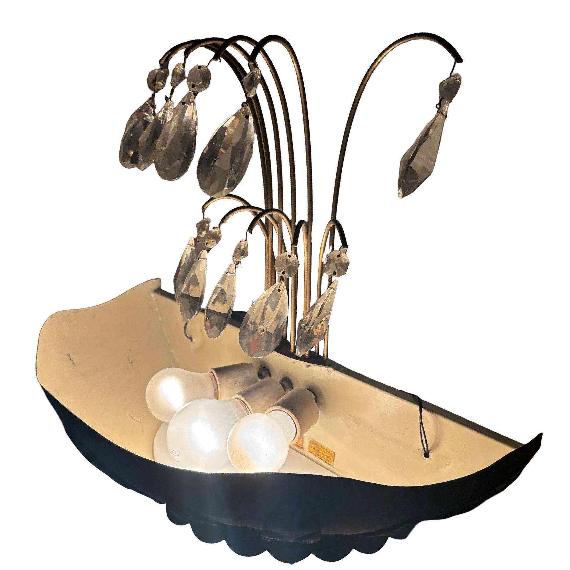 Art Deco Brass Hollywood Regency Palm Leaf Wall Sconce W/ Crystal Arms im Zustand „Hervorragend“ im Angebot in Van Nuys, CA