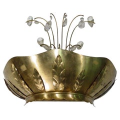 Art Deco Brass Hollywood Regency Palm Leaf Wall Sconce W/ Crystal Arms