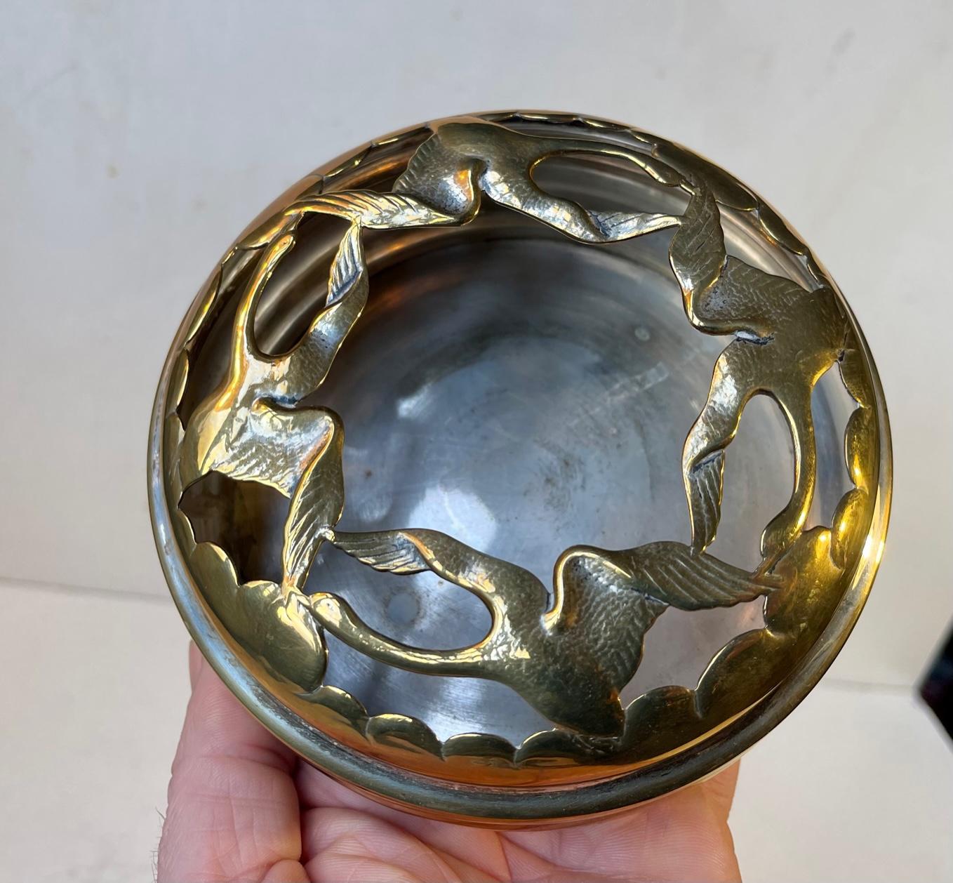 Mid-20th Century Art Deco Brass Incense Bowl with Swans, Danish 1930s For Sale