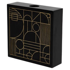 Art Deco Style Brass Inlaid Black Large Square Candleholder 